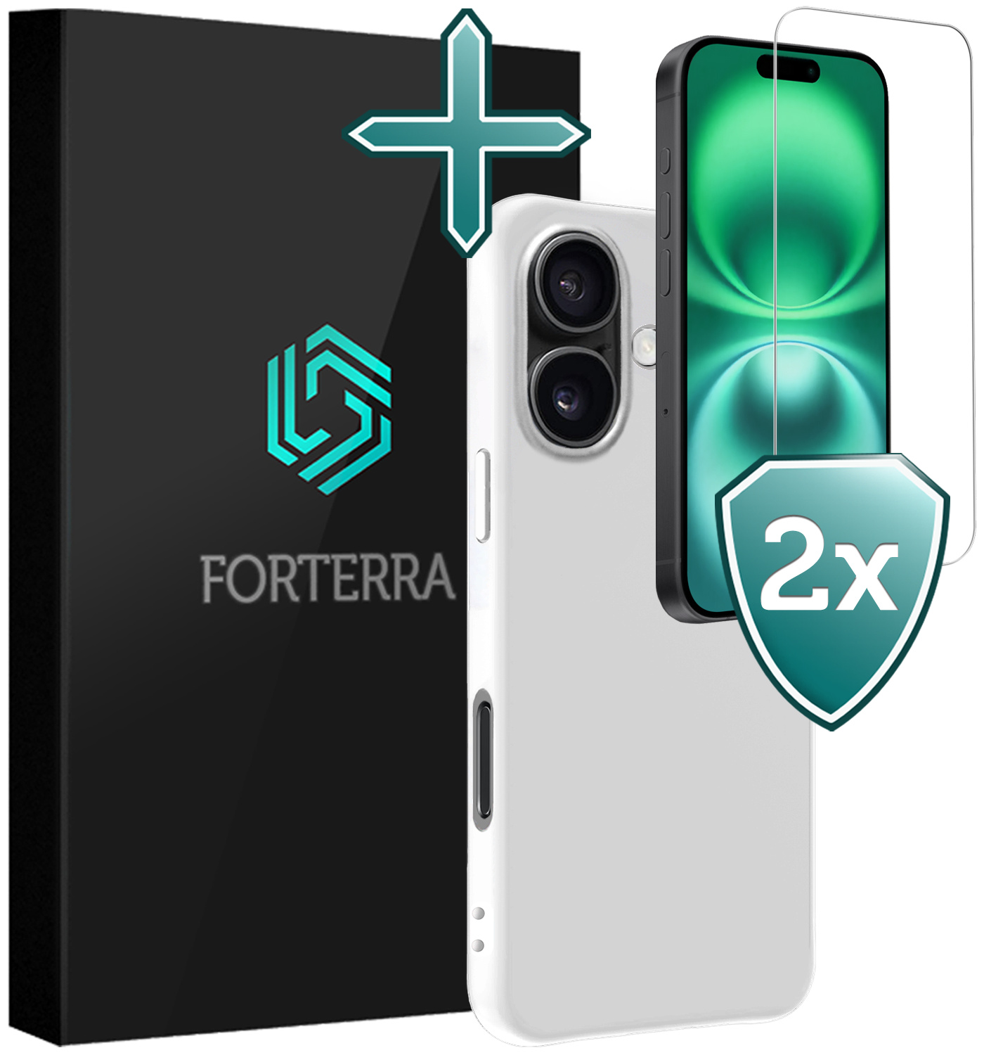 Forterra Hoesje Geschikt voor iPhone 16 Plus Case Siliconen Hoes Met 2x Screenprotector - Hoes Geschikt voor iPhone 16 Plus Hoesje Back Cover - Wit