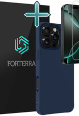 Forterra Hoesje Geschikt voor iPhone 16 Pro Case Siliconen Hoes Met Screenprotector - Hoes Geschikt voor iPhone 16 Pro Hoesje Back Cover - Donkerblauw