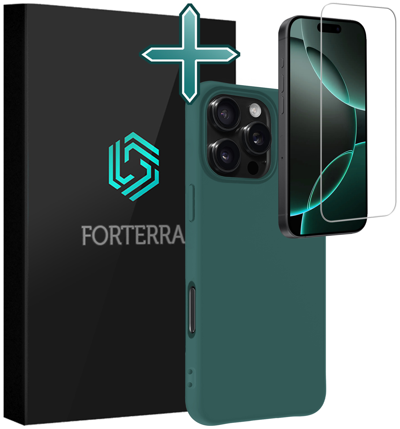Forterra Hoesje Geschikt voor iPhone 16 Pro Case Siliconen Hoes Met Screenprotector - Hoes Geschikt voor iPhone 16 Pro Hoesje Back Cover - Donkergroen