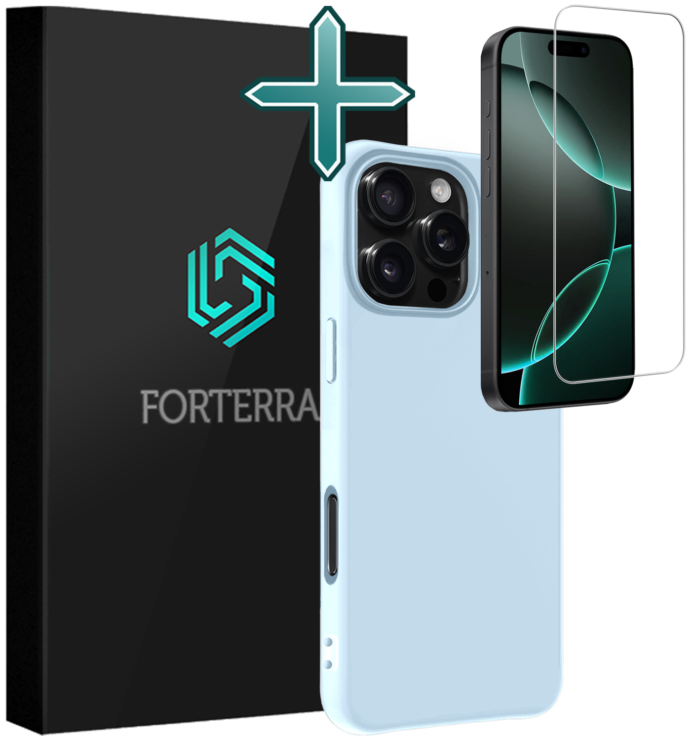 Forterra Hoesje Geschikt voor iPhone 16 Pro Case Siliconen Hoes Met Screenprotector - Hoes Geschikt voor iPhone 16 Pro Hoesje Back Cover - Lichtblauw