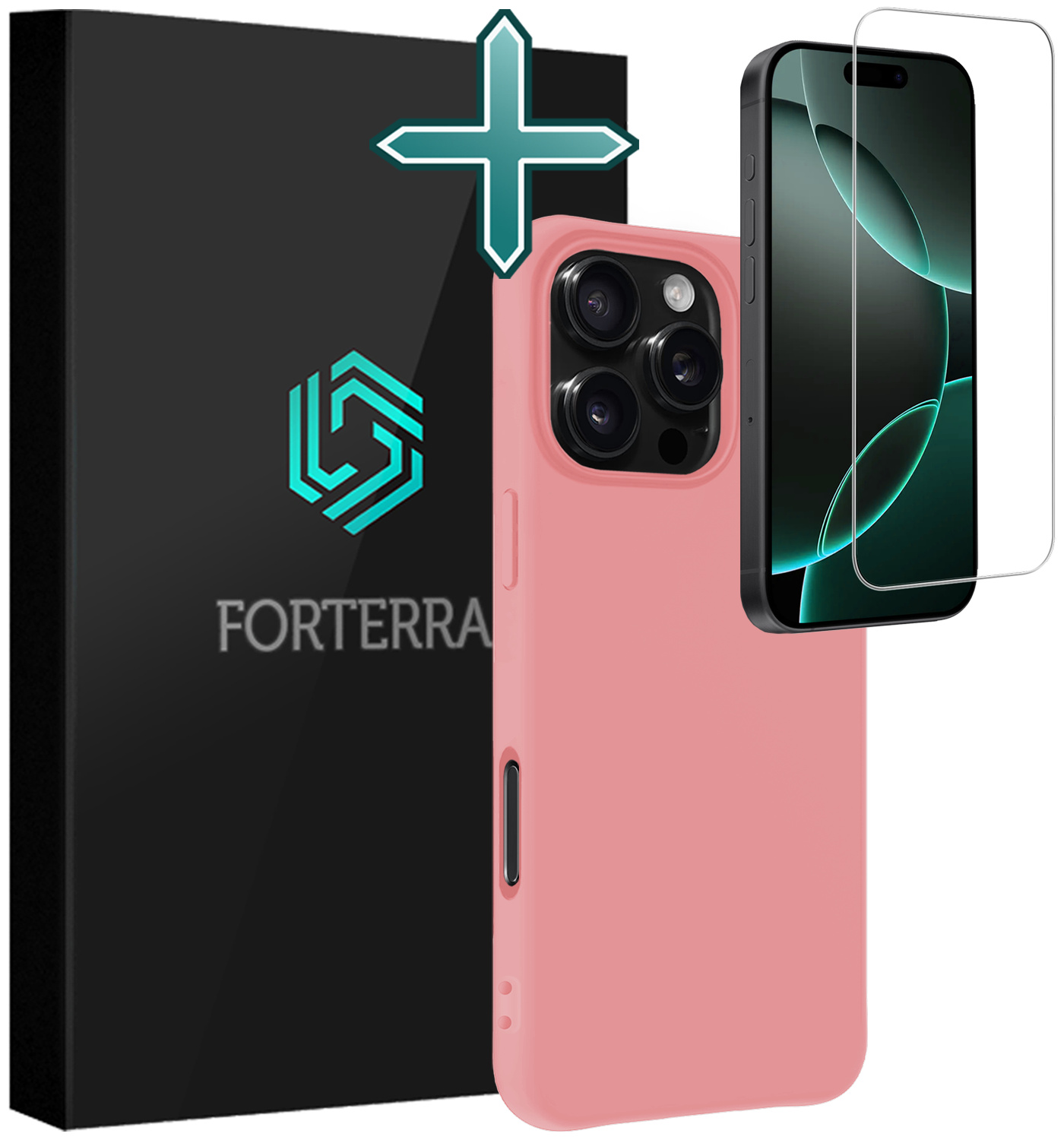 Forterra Hoesje Geschikt voor iPhone 16 Pro Case Siliconen Hoes Met Screenprotector - Hoes Geschikt voor iPhone 16 Pro Hoesje Back Cover - Lichtroze