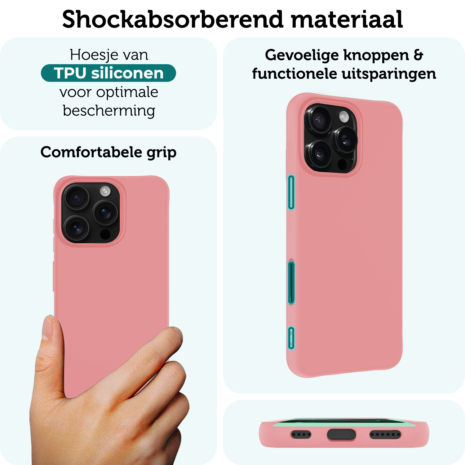 Forterra Hoesje Geschikt voor iPhone 16 Pro Case Siliconen Hoes Met Screenprotector - Hoes Geschikt voor iPhone 16 Pro Hoesje Back Cover - Lichtroze