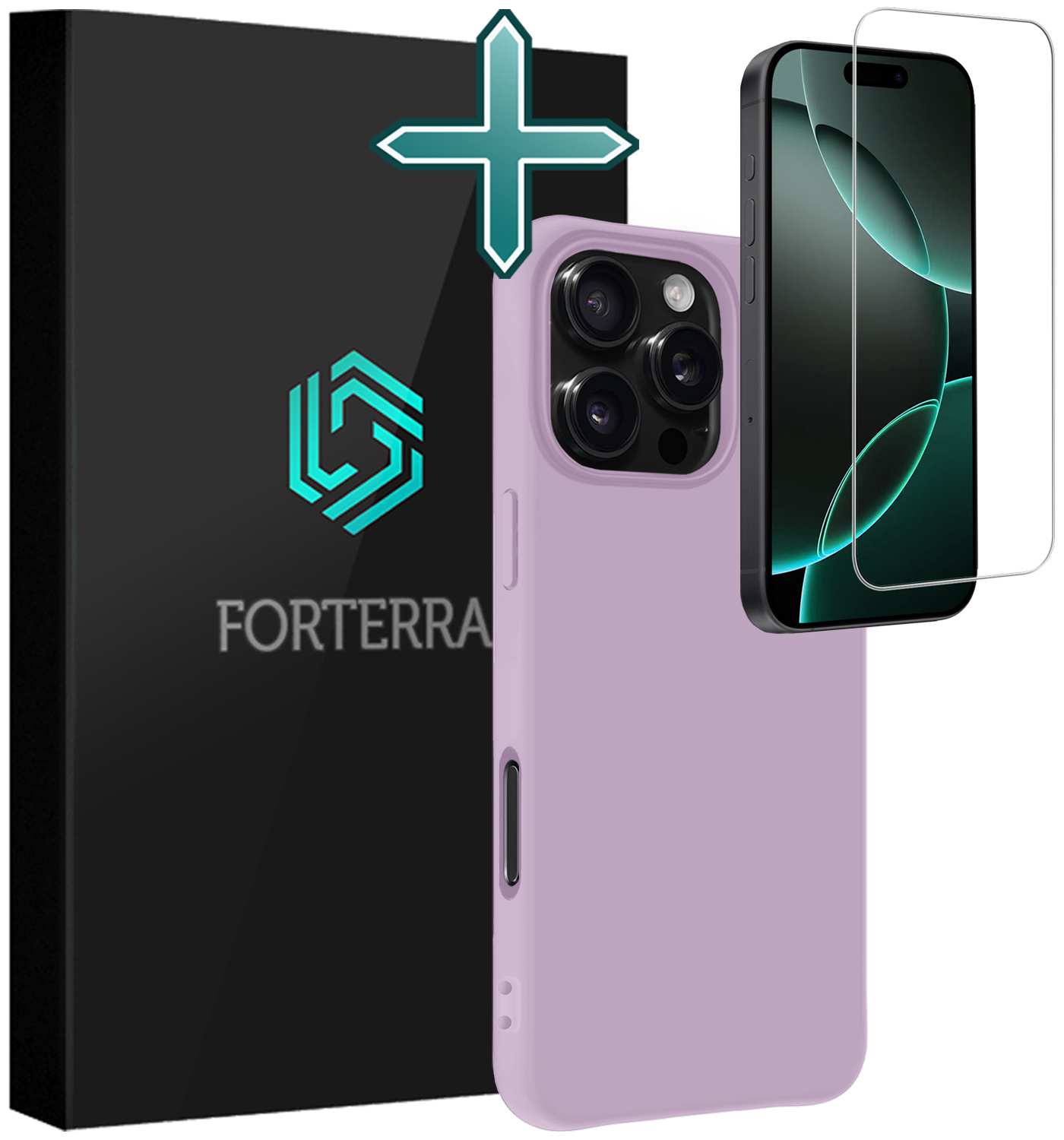 Forterra Hoesje Geschikt voor iPhone 16 Pro Case Siliconen Hoes Met Screenprotector - Hoes Geschikt voor iPhone 16 Pro Hoesje Back Cover - Lila