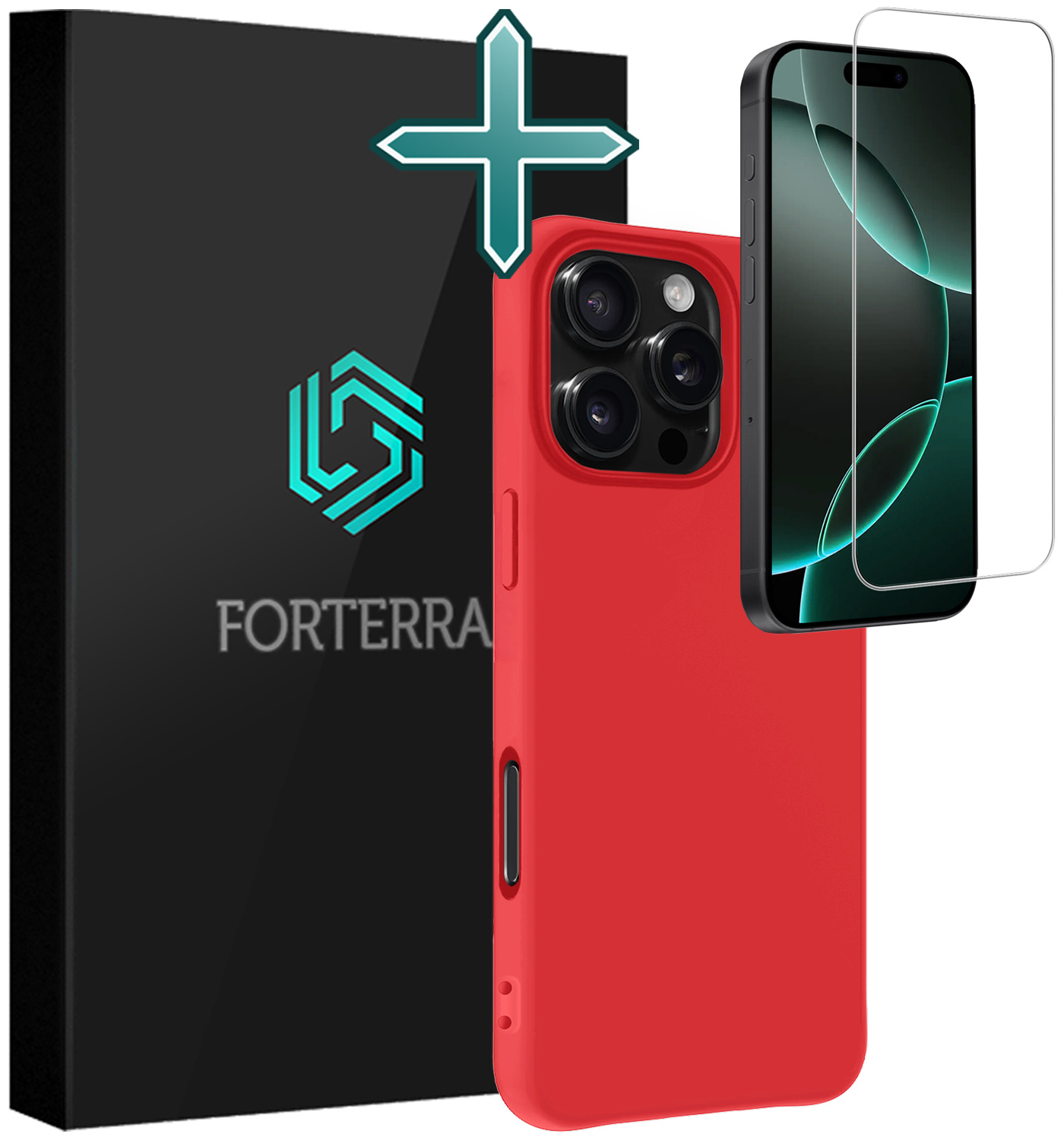Forterra Hoesje Geschikt voor iPhone 16 Pro Case Siliconen Hoes Met Screenprotector - Hoes Geschikt voor iPhone 16 Pro Hoesje Back Cover - Rood