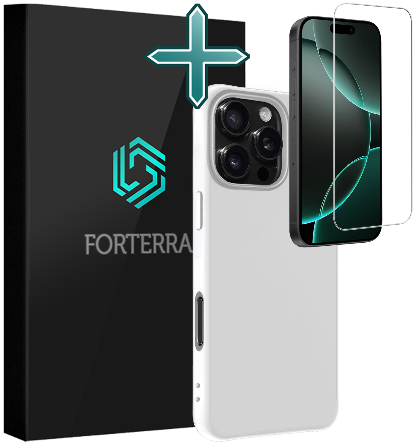 Forterra Hoesje Geschikt voor iPhone 16 Pro Case Siliconen Hoes Met Screenprotector - Hoes Geschikt voor iPhone 16 Pro Hoesje Back Cover - Wit