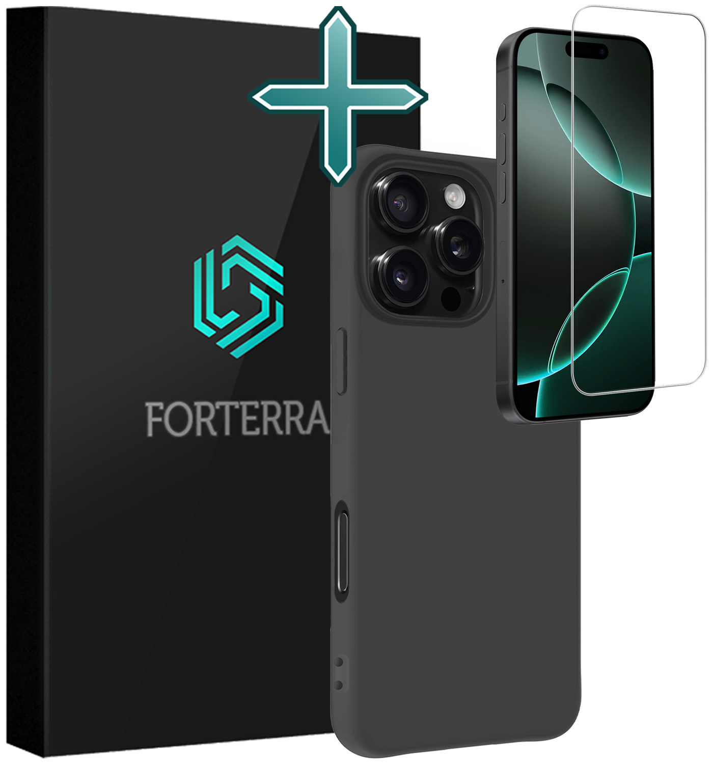 Forterra Hoesje Geschikt voor iPhone 16 Pro Case Siliconen Hoes Met Screenprotector - Hoes Geschikt voor iPhone 16 Pro Hoesje Back Cover - Zwart
