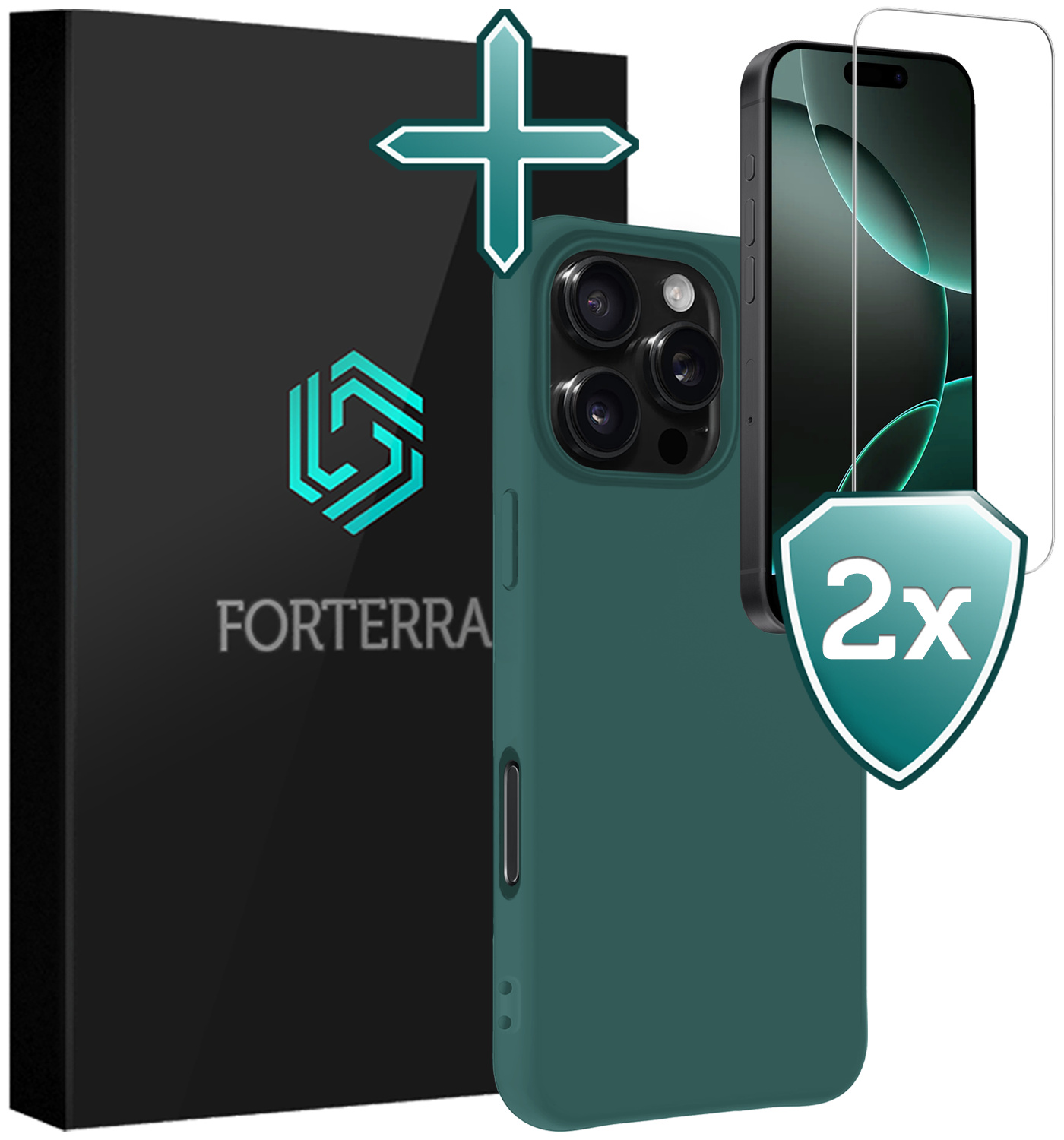 Forterra Hoesje Geschikt voor iPhone 16 Pro Case Siliconen Hoes Met 2x Screenprotector - Hoes Geschikt voor iPhone 16 Pro Hoesje Back Cover - Donkergroen