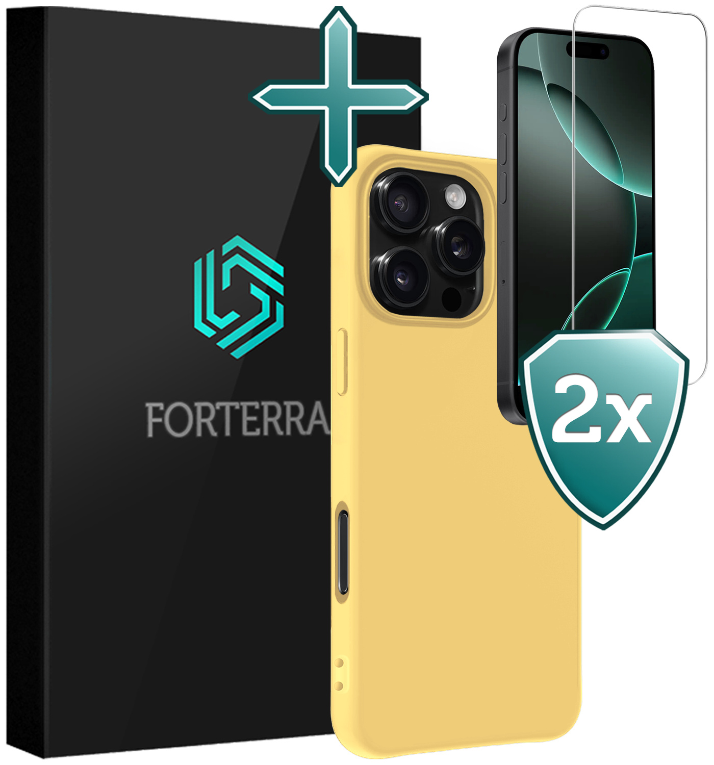 Forterra Hoesje Geschikt voor iPhone 16 Pro Case Siliconen Hoes Met 2x Screenprotector - Hoes Geschikt voor iPhone 16 Pro Hoesje Back Cover - Geel