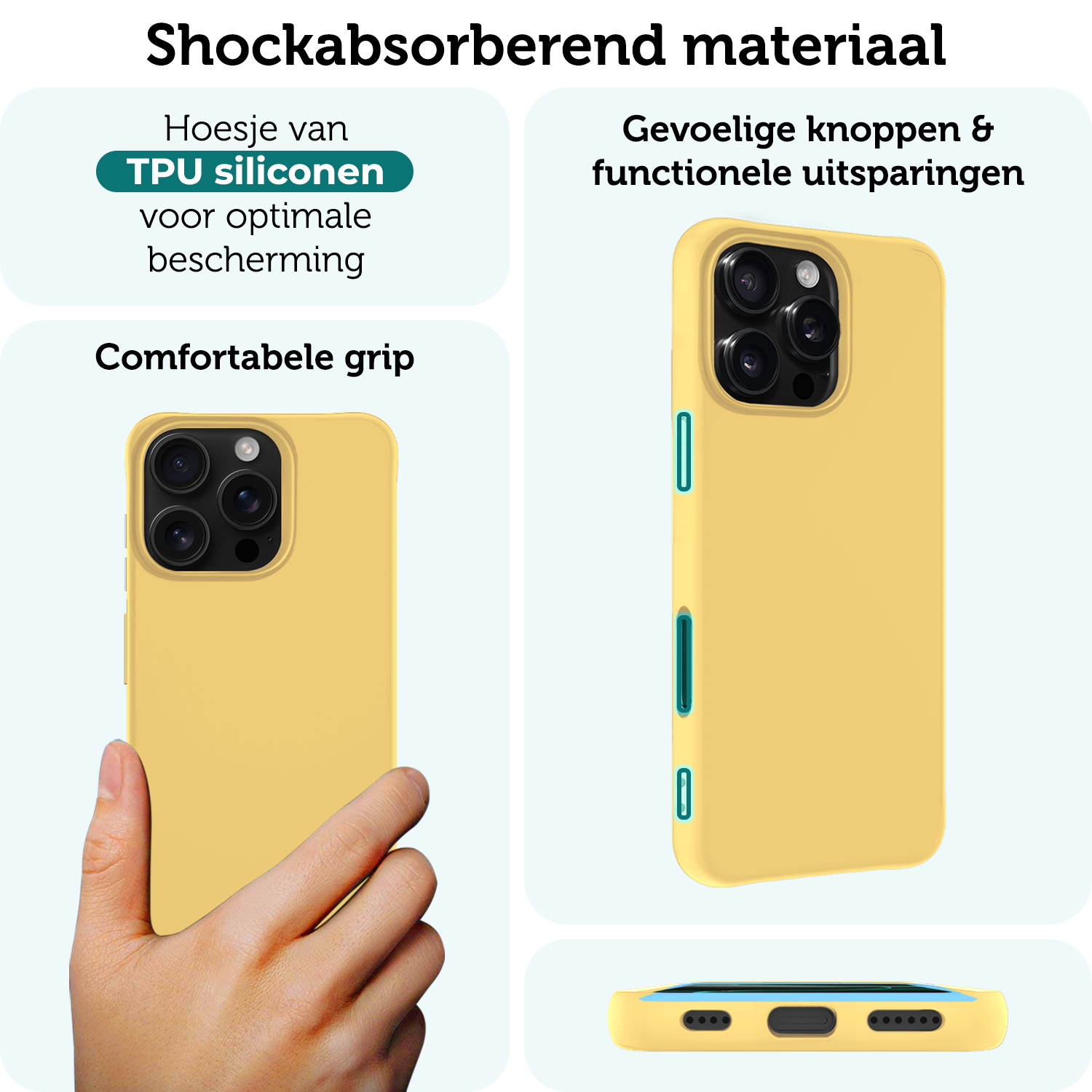 Forterra Hoesje Geschikt voor iPhone 16 Pro Case Siliconen Hoes Met 2x Screenprotector - Hoes Geschikt voor iPhone 16 Pro Hoesje Back Cover - Geel