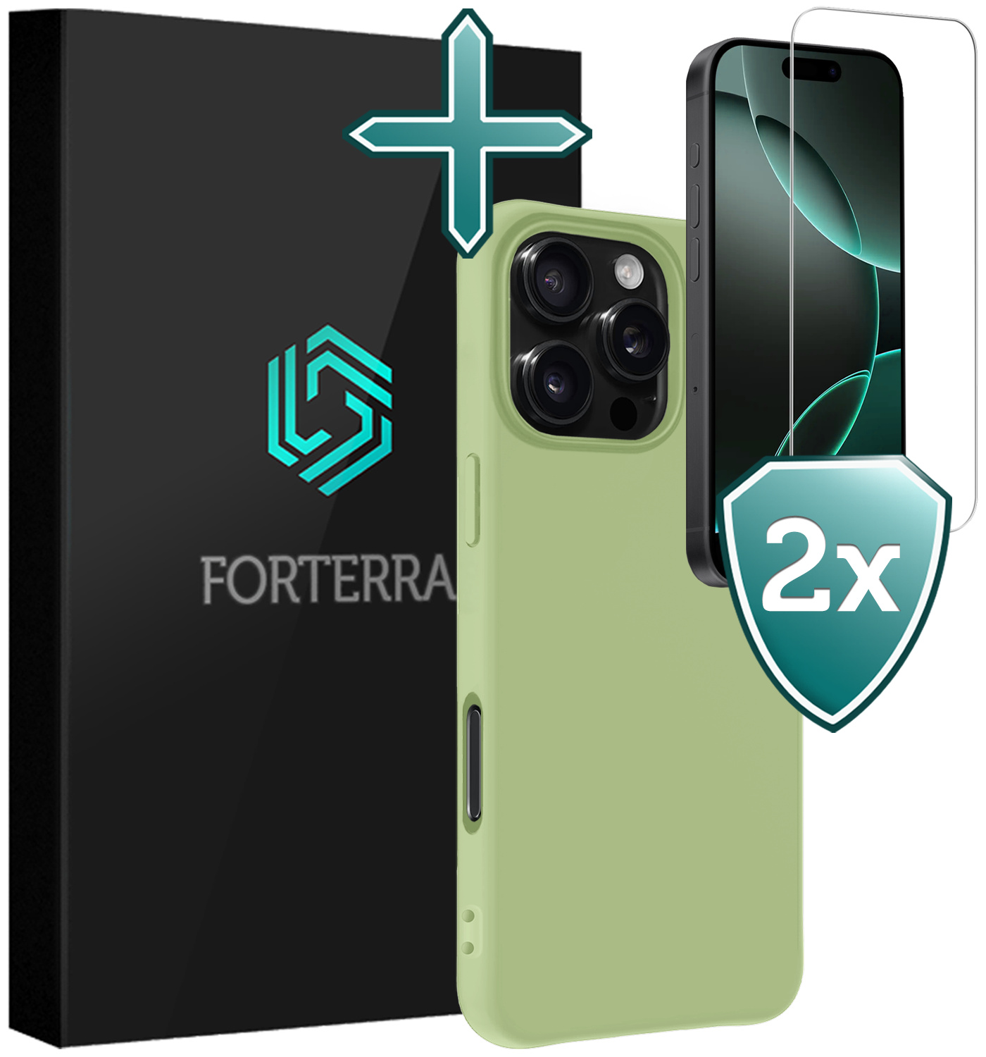 Forterra Hoesje Geschikt voor iPhone 16 Pro Case Siliconen Hoes Met 2x Screenprotector - Hoes Geschikt voor iPhone 16 Pro Hoesje Back Cover - Groen