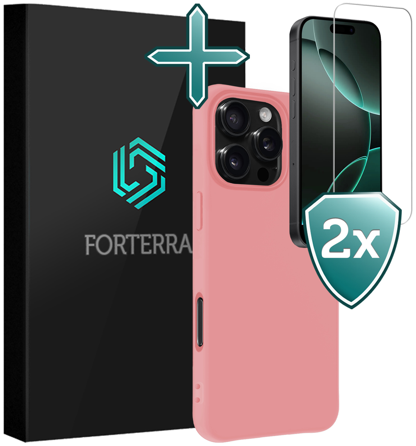 Forterra Hoesje Geschikt voor iPhone 16 Pro Case Siliconen Hoes Met 2x Screenprotector - Hoes Geschikt voor iPhone 16 Pro Hoesje Back Cover - Lichtroze