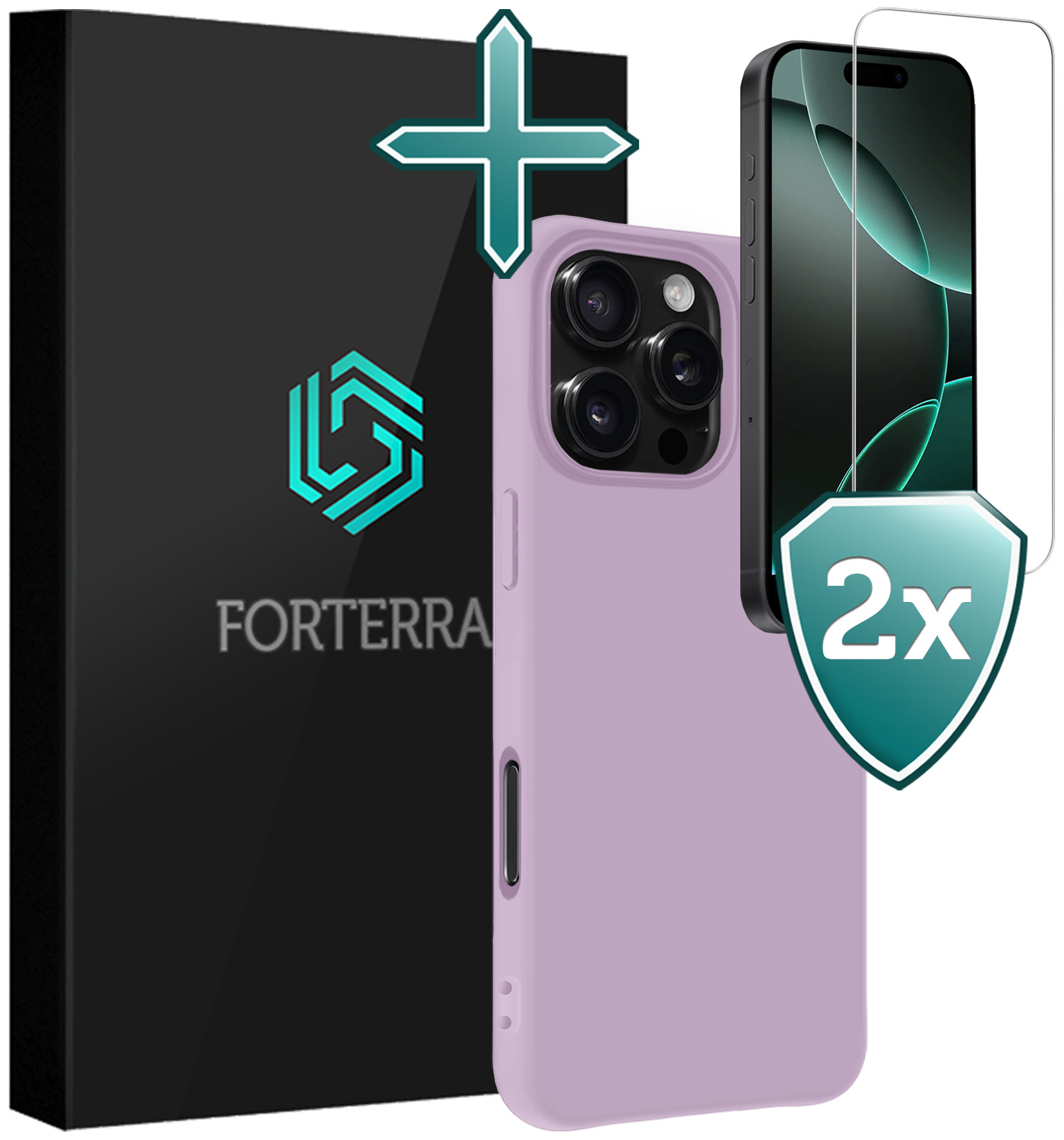 Forterra Hoesje Geschikt voor iPhone 16 Pro Case Siliconen Hoes Met 2x Screenprotector - Hoes Geschikt voor iPhone 16 Pro Hoesje Back Cover - Lila