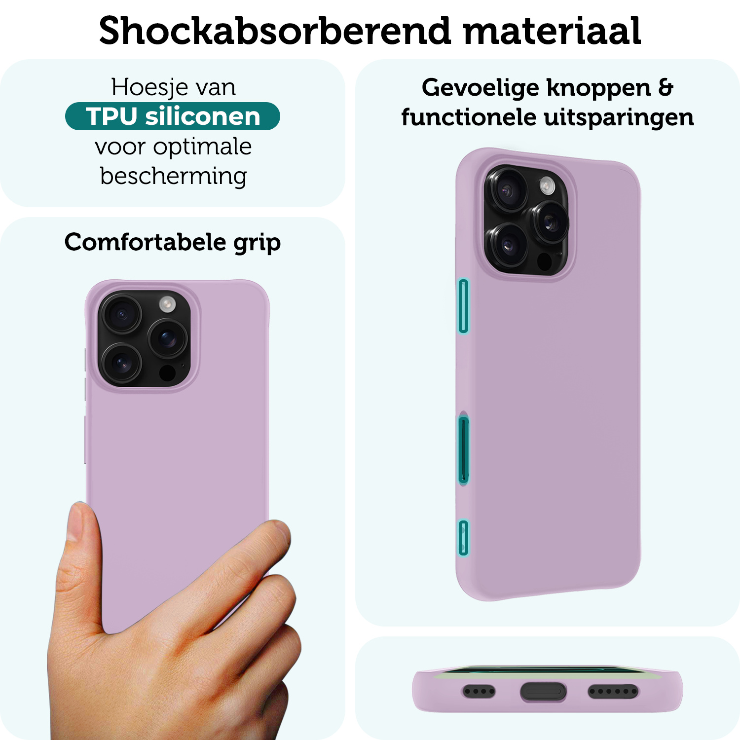 Forterra Hoesje Geschikt voor iPhone 16 Pro Case Siliconen Hoes Met 2x Screenprotector - Hoes Geschikt voor iPhone 16 Pro Hoesje Back Cover - Lila