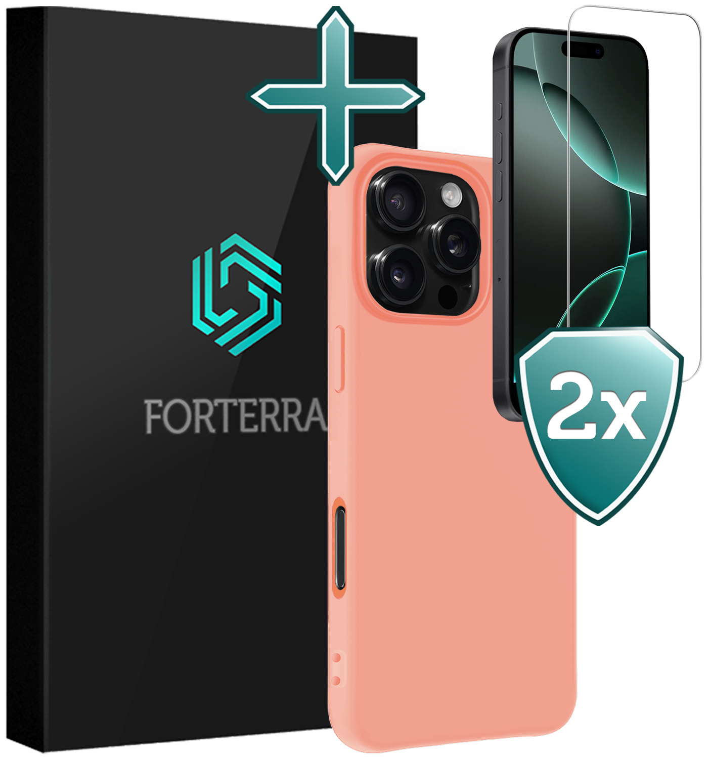 Forterra Hoesje Geschikt voor iPhone 16 Pro Case Siliconen Hoes Met 2x Screenprotector - Hoes Geschikt voor iPhone 16 Pro Hoesje Back Cover - Perzik