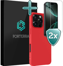 Forterra Forterra iPhone 16 Pro Hoesje Siliconen Met 2x Screenprotector Met Dichte Notch - Rood