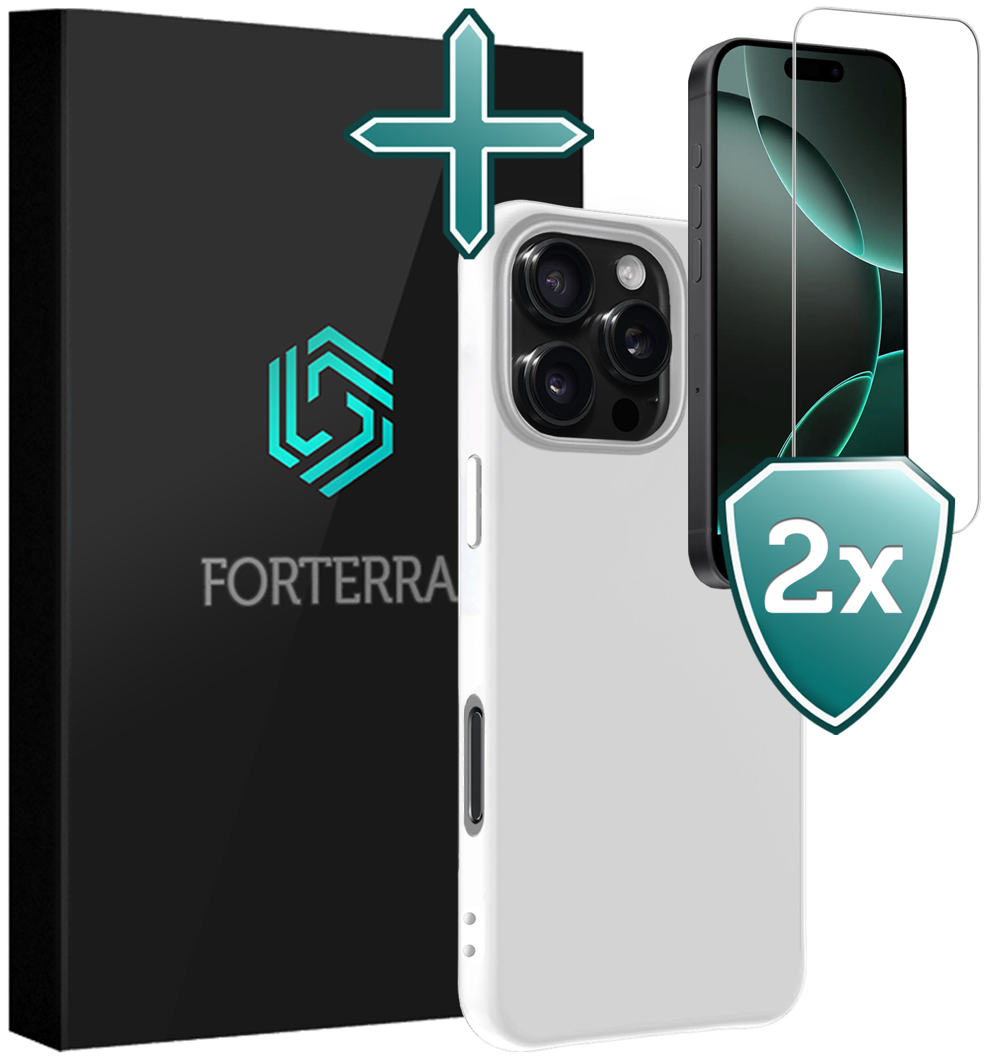 Forterra Hoesje Geschikt voor iPhone 16 Pro Case Siliconen Hoes Met 2x Screenprotector - Hoes Geschikt voor iPhone 16 Pro Hoesje Back Cover - Wit
