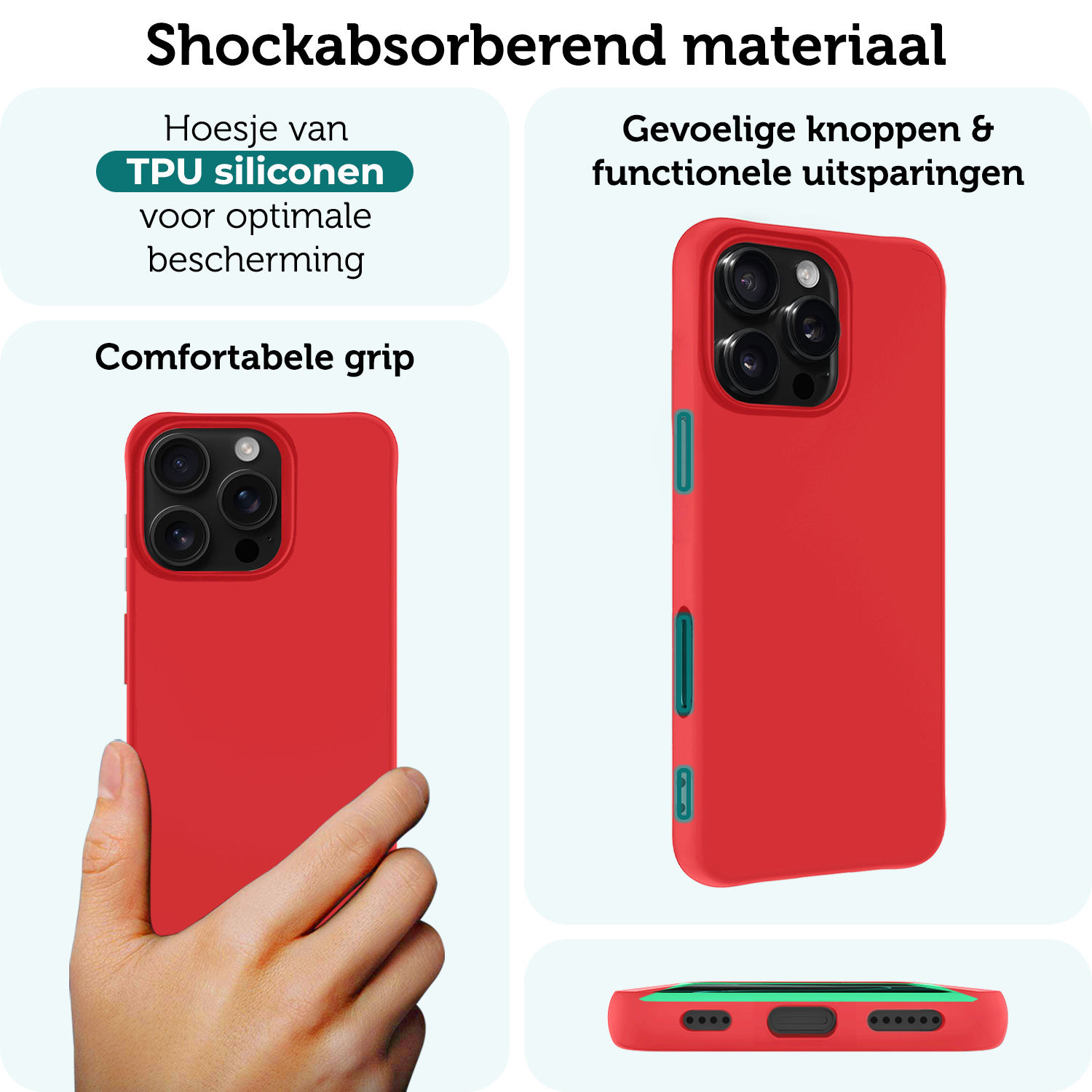 Forterra Hoesje Geschikt voor iPhone 16 Pro Max Case Siliconen Hoes - Hoes Geschikt voor iPhone 16 Pro Max Hoesje Back Cover - Rood - 2 PACK