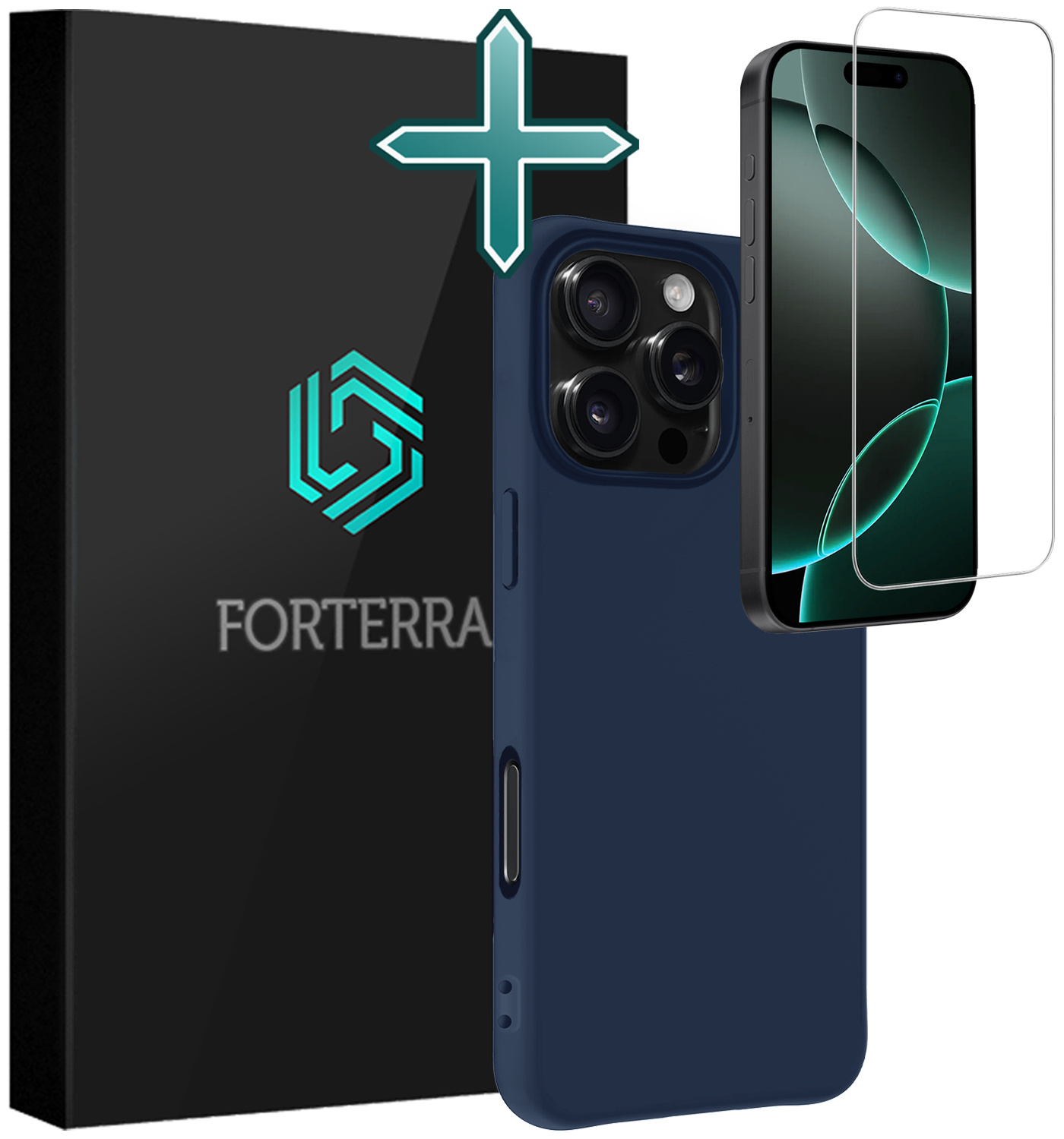 Forterra Hoesje Geschikt voor iPhone 16 Pro Max Case Siliconen Hoes Met Screenprotector - Hoes Geschikt voor iPhone 16 Pro Max Hoesje Back Cover - Donkerblauw
