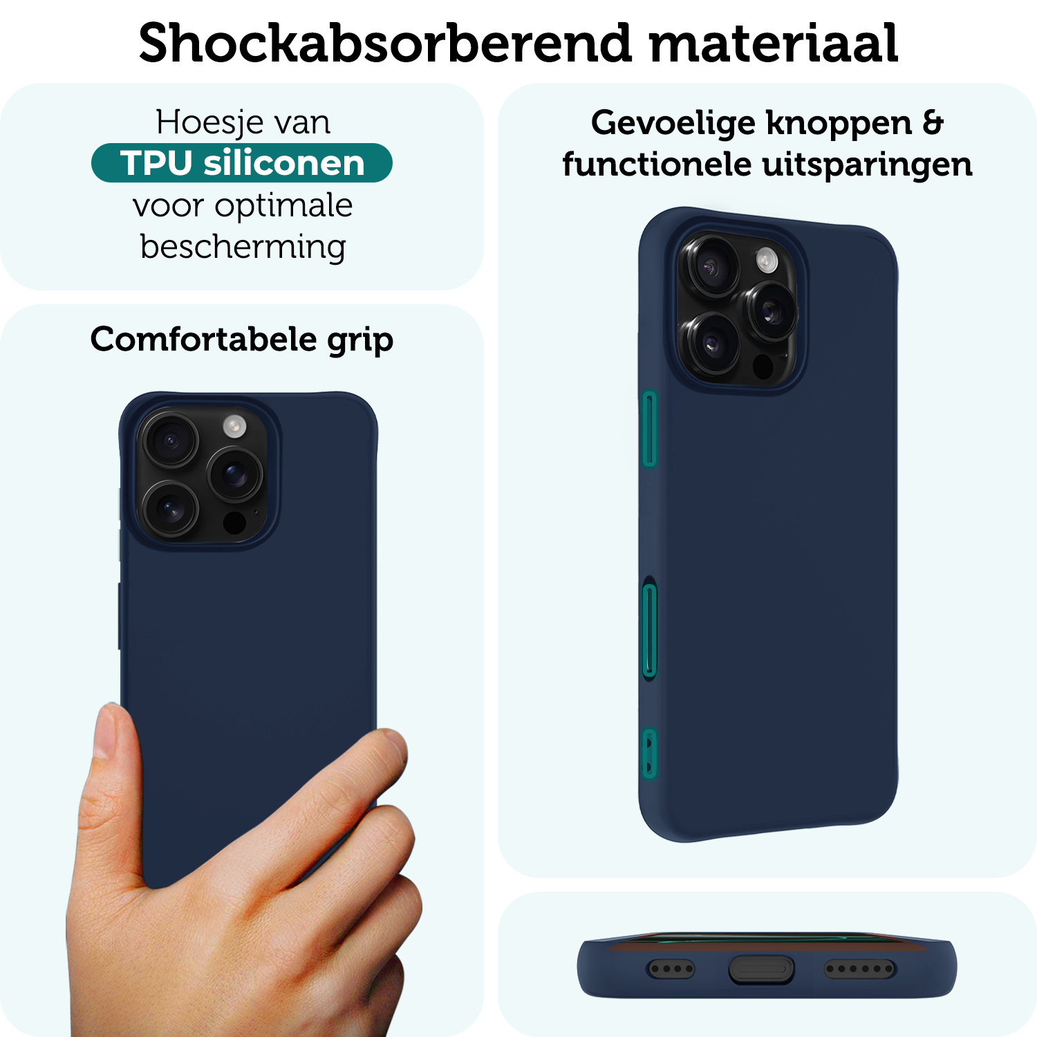 Forterra Hoesje Geschikt voor iPhone 16 Pro Max Case Siliconen Hoes Met Screenprotector - Hoes Geschikt voor iPhone 16 Pro Max Hoesje Back Cover - Donkerblauw