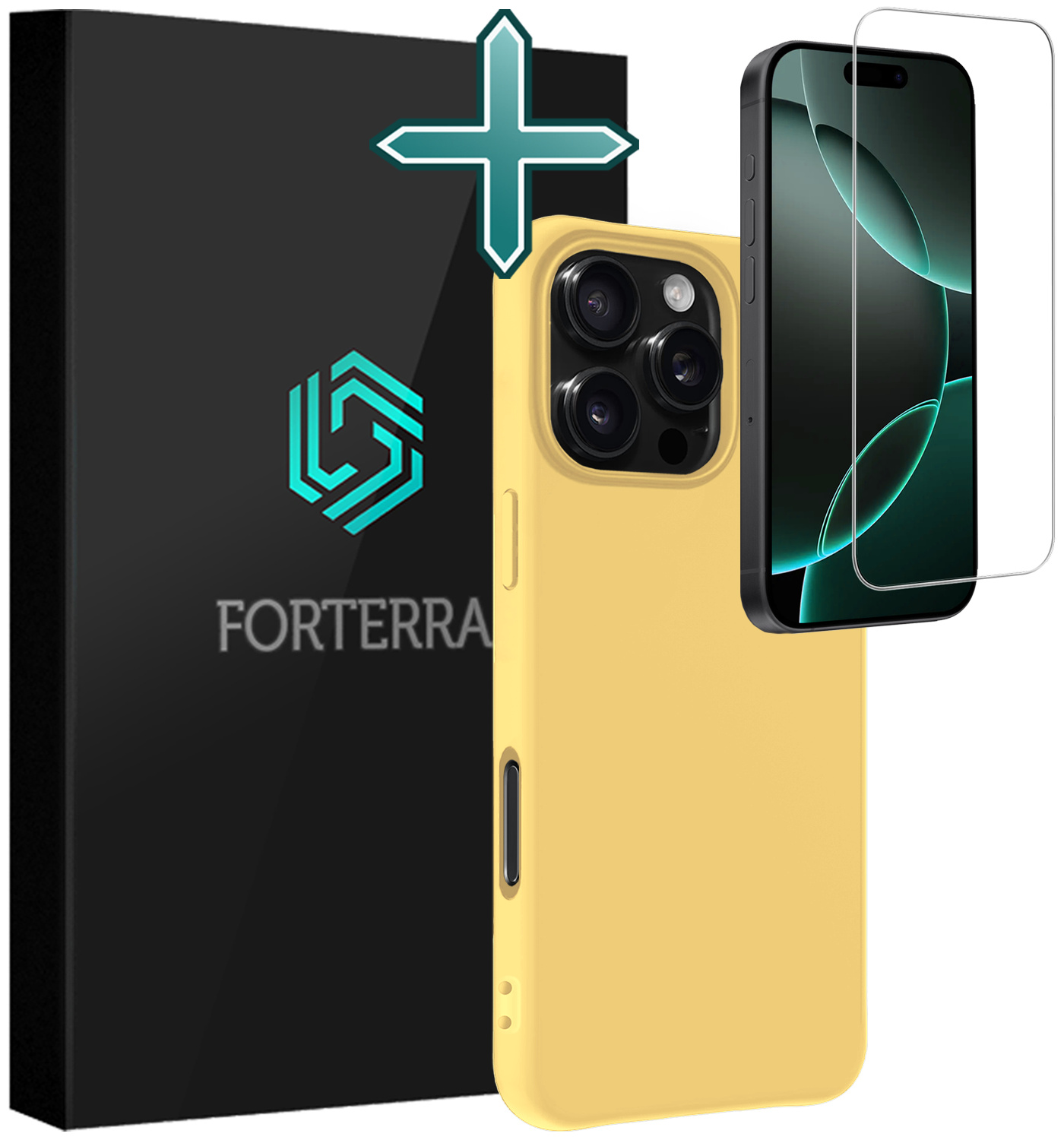 Forterra Hoesje Geschikt voor iPhone 16 Pro Max Case Siliconen Hoes Met Screenprotector - Hoes Geschikt voor iPhone 16 Pro Max Hoesje Back Cover - Geel