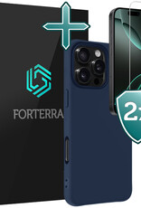 Forterra Hoesje Geschikt voor iPhone 16 Pro Max Case Siliconen Hoes Met 2x Screenprotector - Hoes Geschikt voor iPhone 16 Pro Max Hoesje Back Cover - Donkerblauw