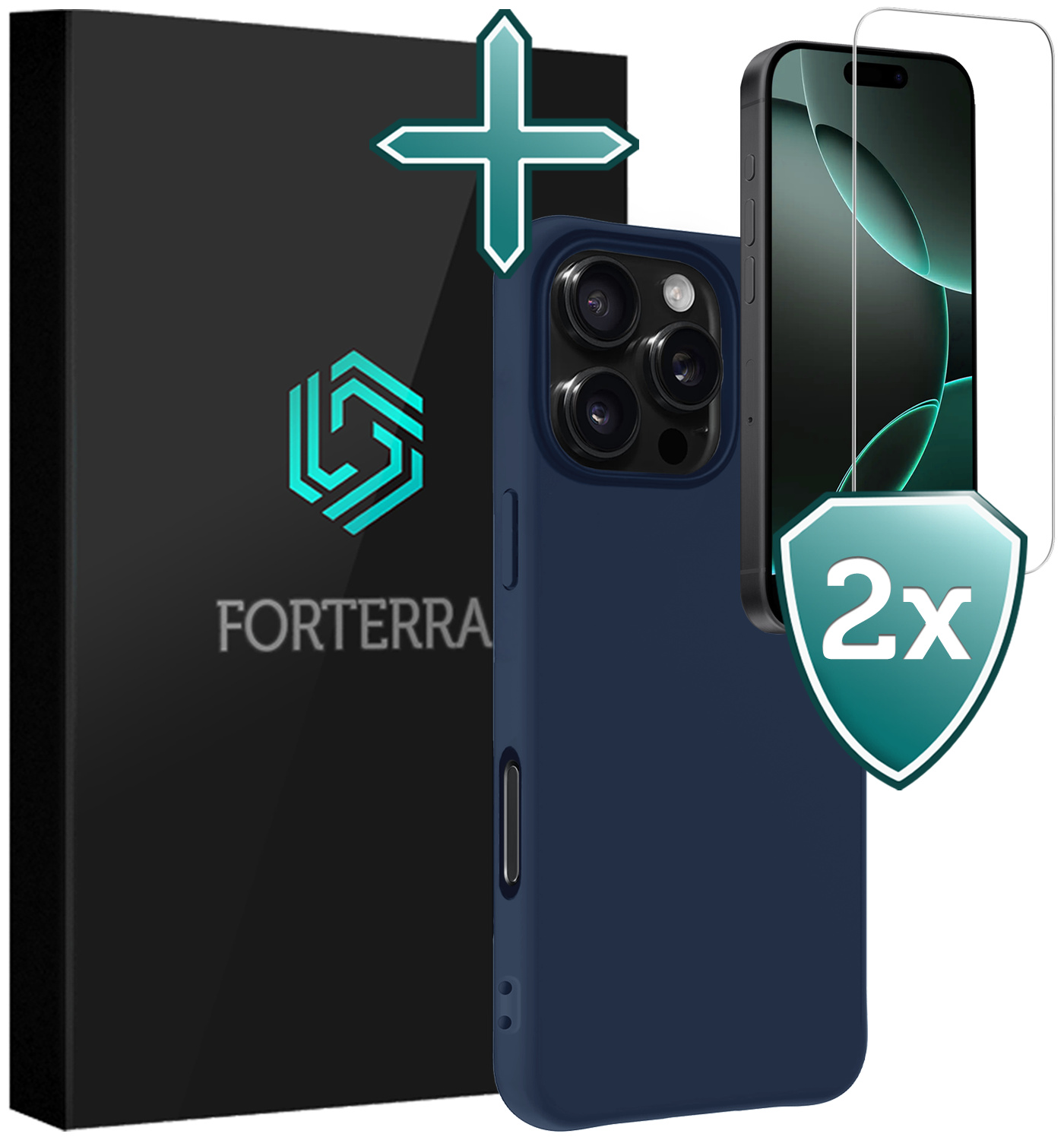 Forterra Hoesje Geschikt voor iPhone 16 Pro Max Case Siliconen Hoes Met 2x Screenprotector - Hoes Geschikt voor iPhone 16 Pro Max Hoesje Back Cover - Donkerblauw
