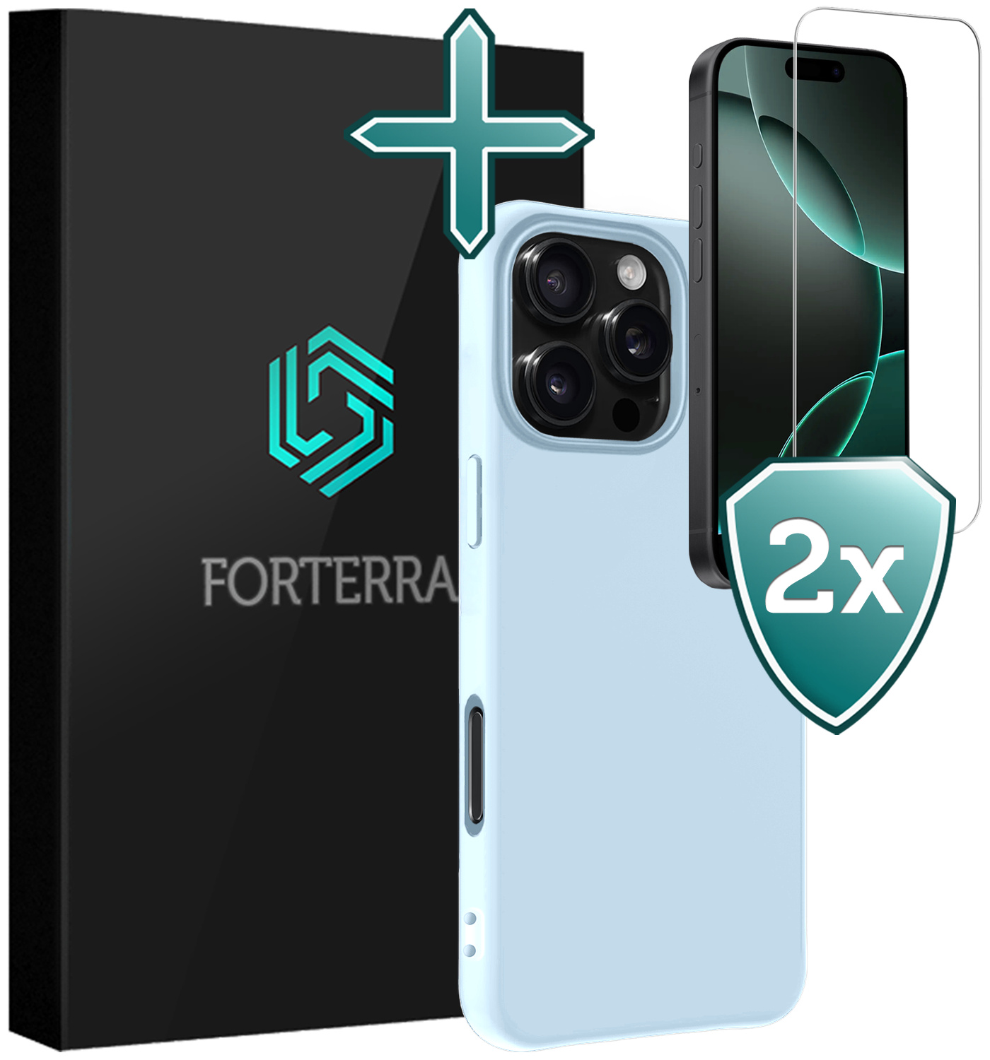 Forterra Hoesje Geschikt voor iPhone 16 Pro Max Case Siliconen Hoes Met 2x Screenprotector - Hoes Geschikt voor iPhone 16 Pro Max Hoesje Back Cover - Lichtblauw