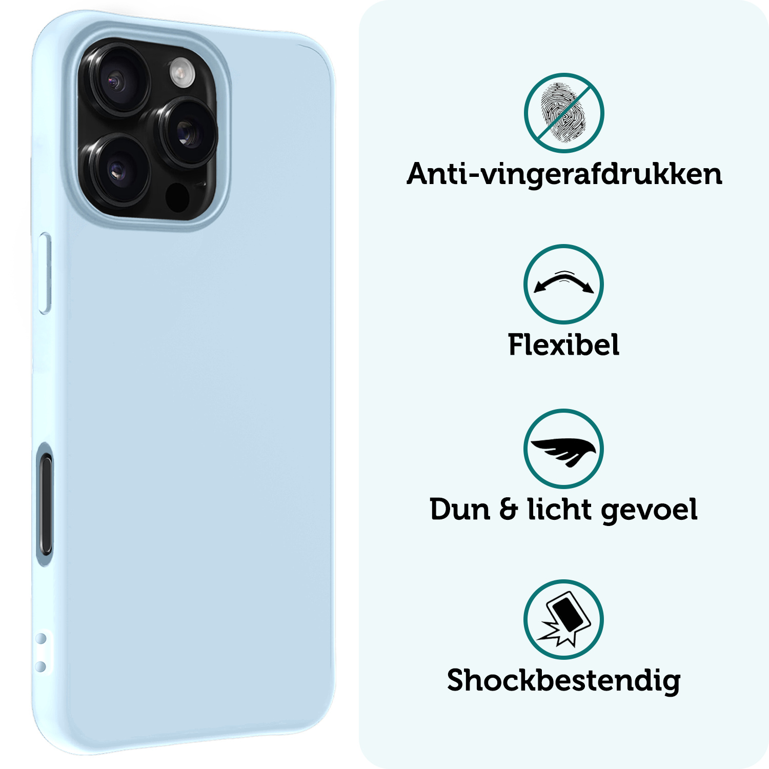Forterra Hoesje Geschikt voor iPhone 16 Pro Max Case Siliconen Hoes Met 2x Screenprotector - Hoes Geschikt voor iPhone 16 Pro Max Hoesje Back Cover - Lichtblauw