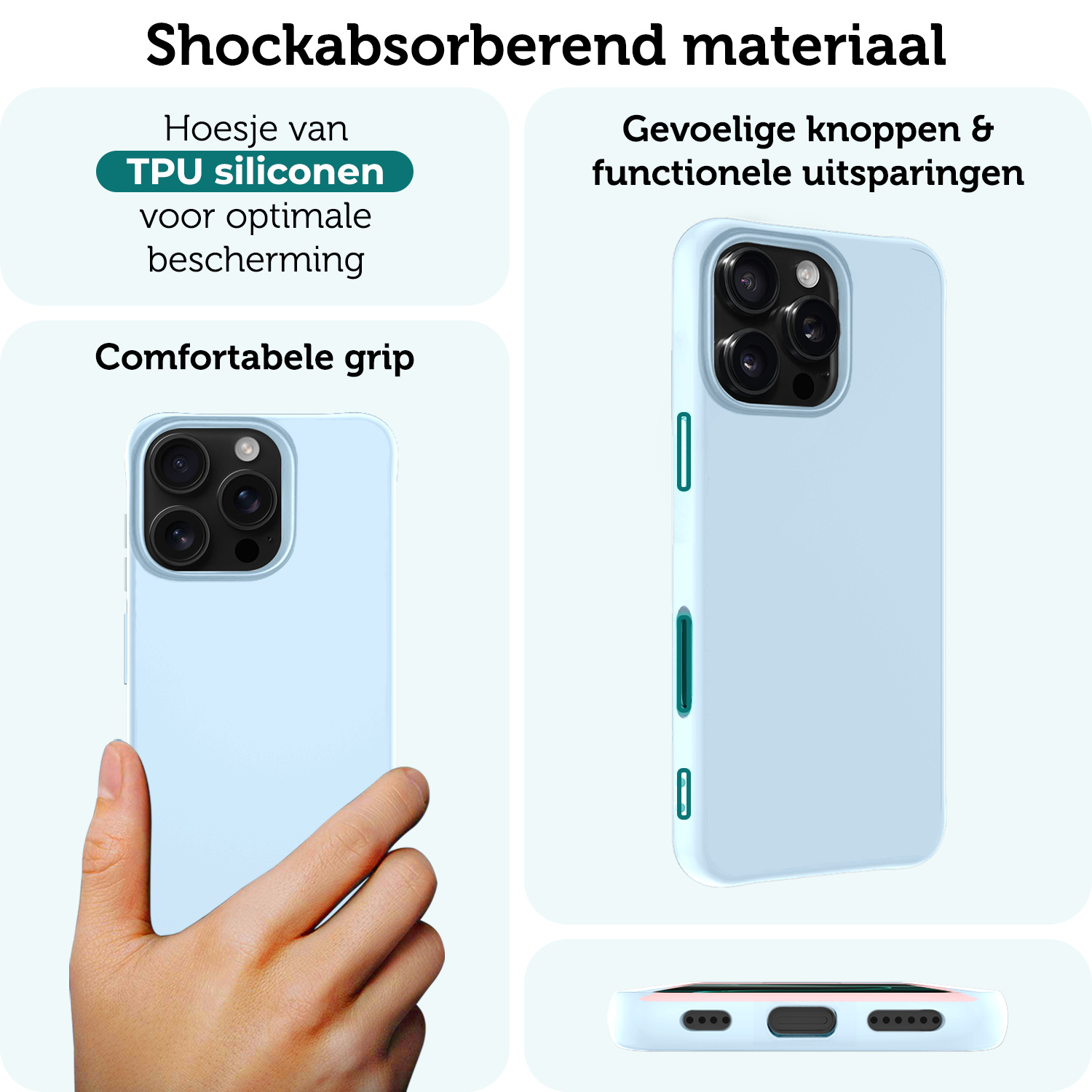 Forterra Hoesje Geschikt voor iPhone 16 Pro Max Case Siliconen Hoes Met 2x Screenprotector - Hoes Geschikt voor iPhone 16 Pro Max Hoesje Back Cover - Lichtblauw
