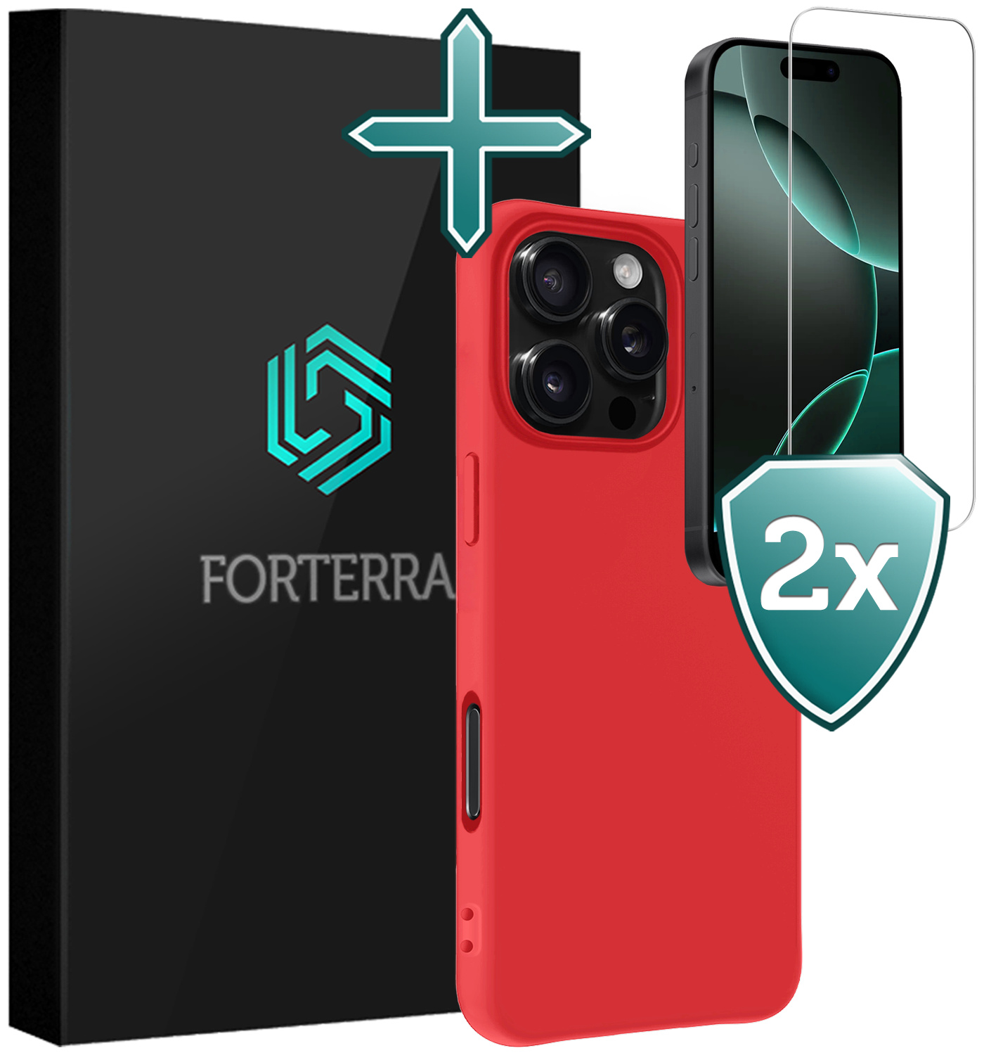 Forterra Hoesje Geschikt voor iPhone 16 Pro Max Case Siliconen Hoes Met 2x Screenprotector - Hoes Geschikt voor iPhone 16 Pro Max Hoesje Back Cover - Rood
