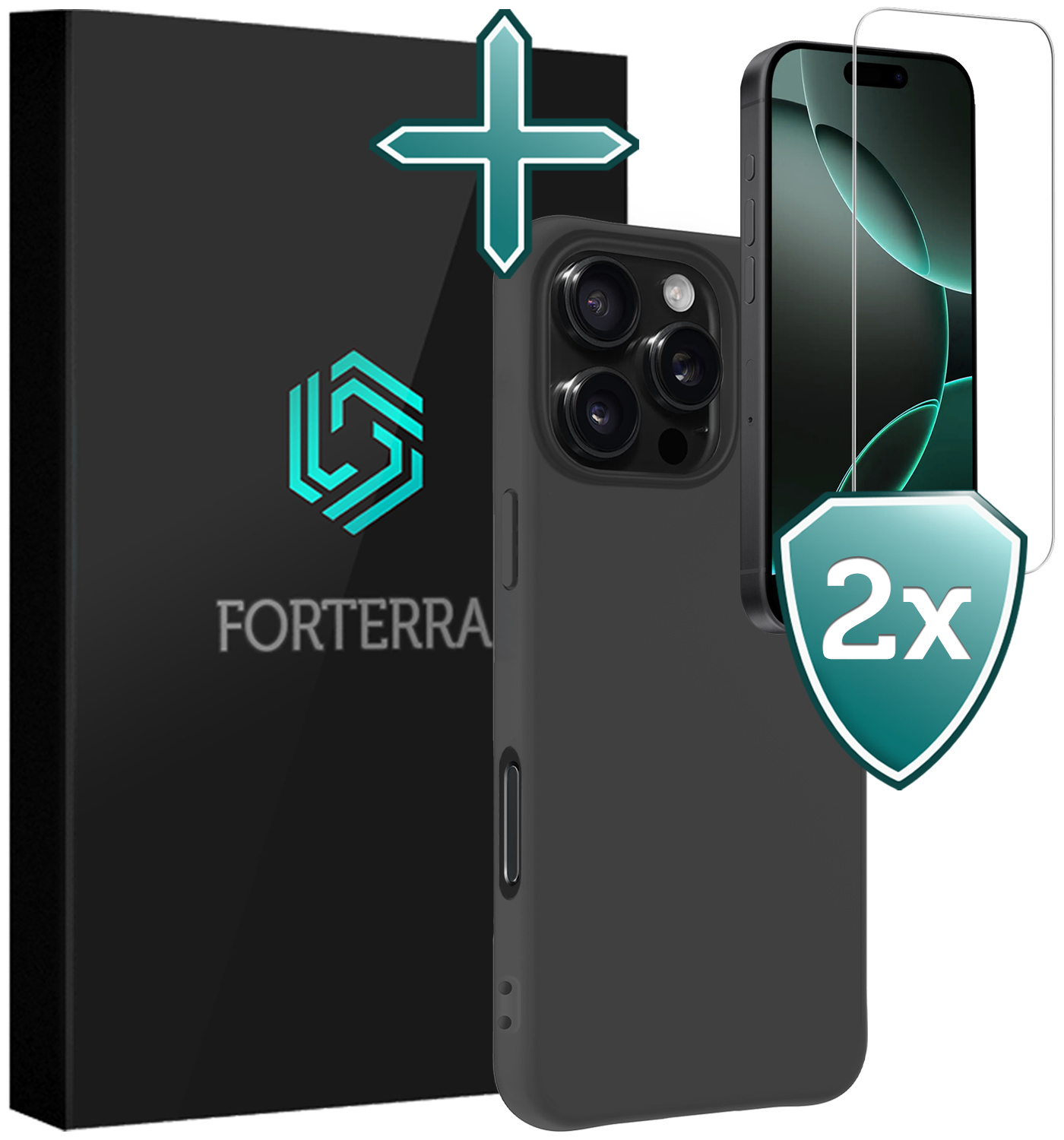 Forterra Hoesje Geschikt voor iPhone 16 Pro Max Case Siliconen Hoes Met 2x Screenprotector - Hoes Geschikt voor iPhone 16 Pro Max Hoesje Back Cover - Zwart