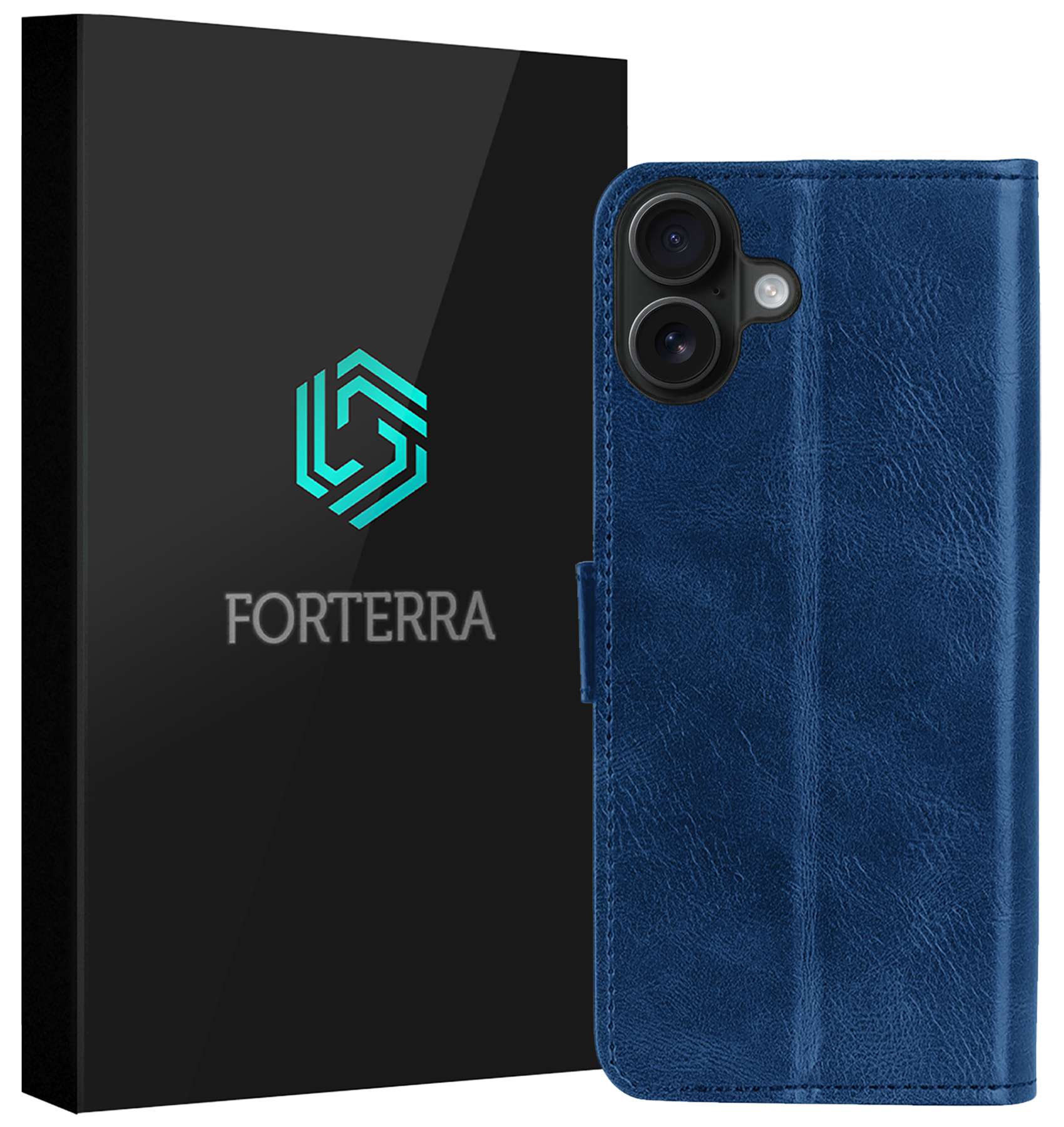 Forterra Hoesje Geschikt voor iPhone 16 Book Case Kunstleer Hoes - Hoes Geschikt voor iPhone 16 Hoesje Bookcase Met Pasjeshouder - Donkerblauw