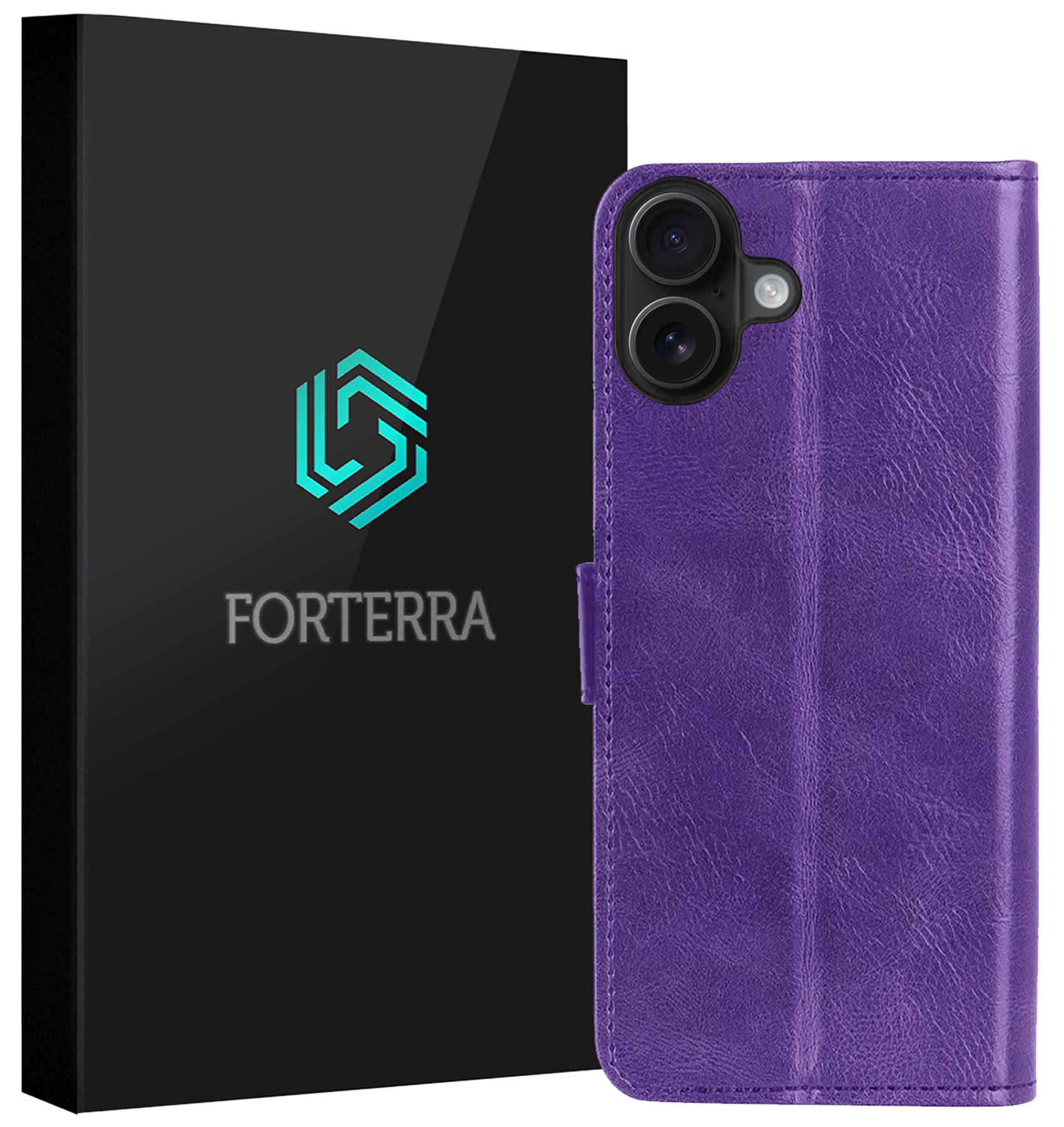 Forterra Hoesje Geschikt voor iPhone 16 Book Case Kunstleer Hoes - Hoes Geschikt voor iPhone 16 Hoesje Bookcase Met Pasjeshouder - Paars