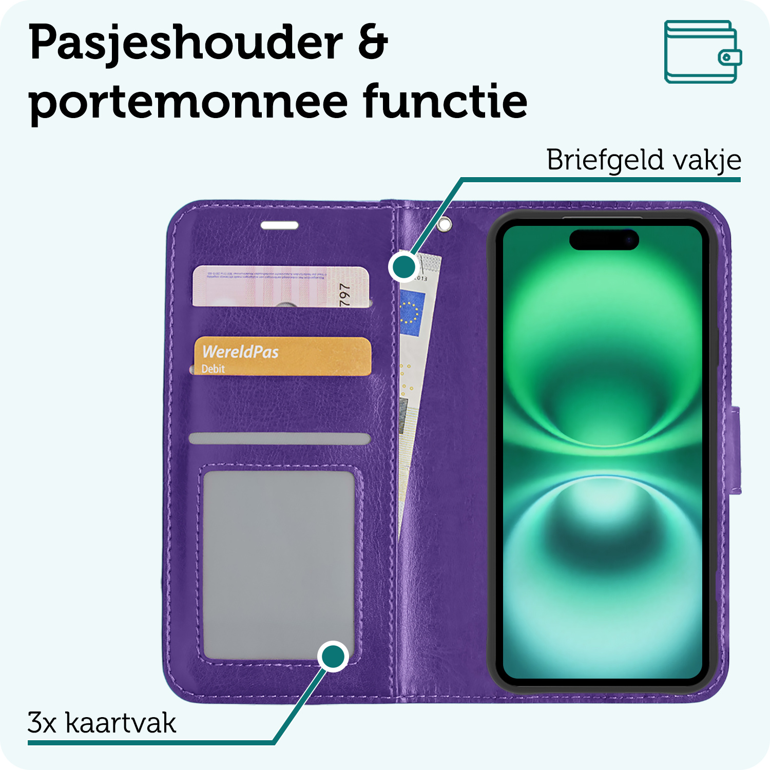 Forterra Hoesje Geschikt voor iPhone 16 Book Case Kunstleer Hoes - Hoes Geschikt voor iPhone 16 Hoesje Bookcase Met Pasjeshouder - Paars