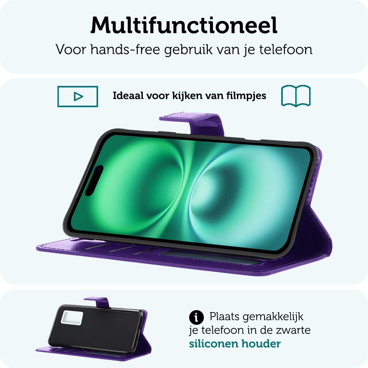Forterra Hoesje Geschikt voor iPhone 16 Book Case Kunstleer Hoes - Hoes Geschikt voor iPhone 16 Hoesje Bookcase Met Pasjeshouder - Paars