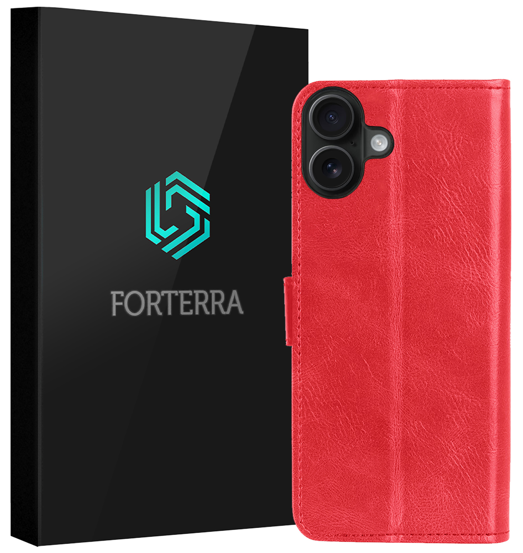 Forterra Hoesje Geschikt voor iPhone 16 Book Case Kunstleer Hoes - Hoes Geschikt voor iPhone 16 Hoesje Bookcase Met Pasjeshouder - Rood