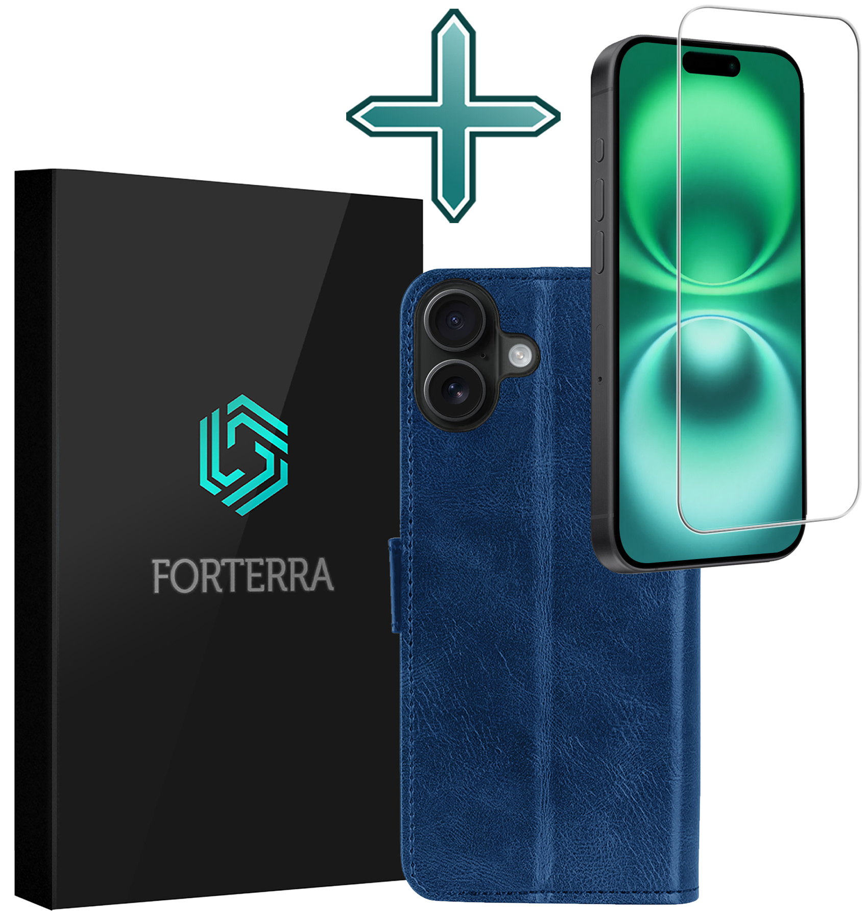 Forterra Hoesje Geschikt voor iPhone 16 Book Case Kunstleer Hoes Met Screenprotector - Hoes Geschikt voor iPhone 16 Hoesje Bookcase Met Pasjeshouder - Donkerblauw
