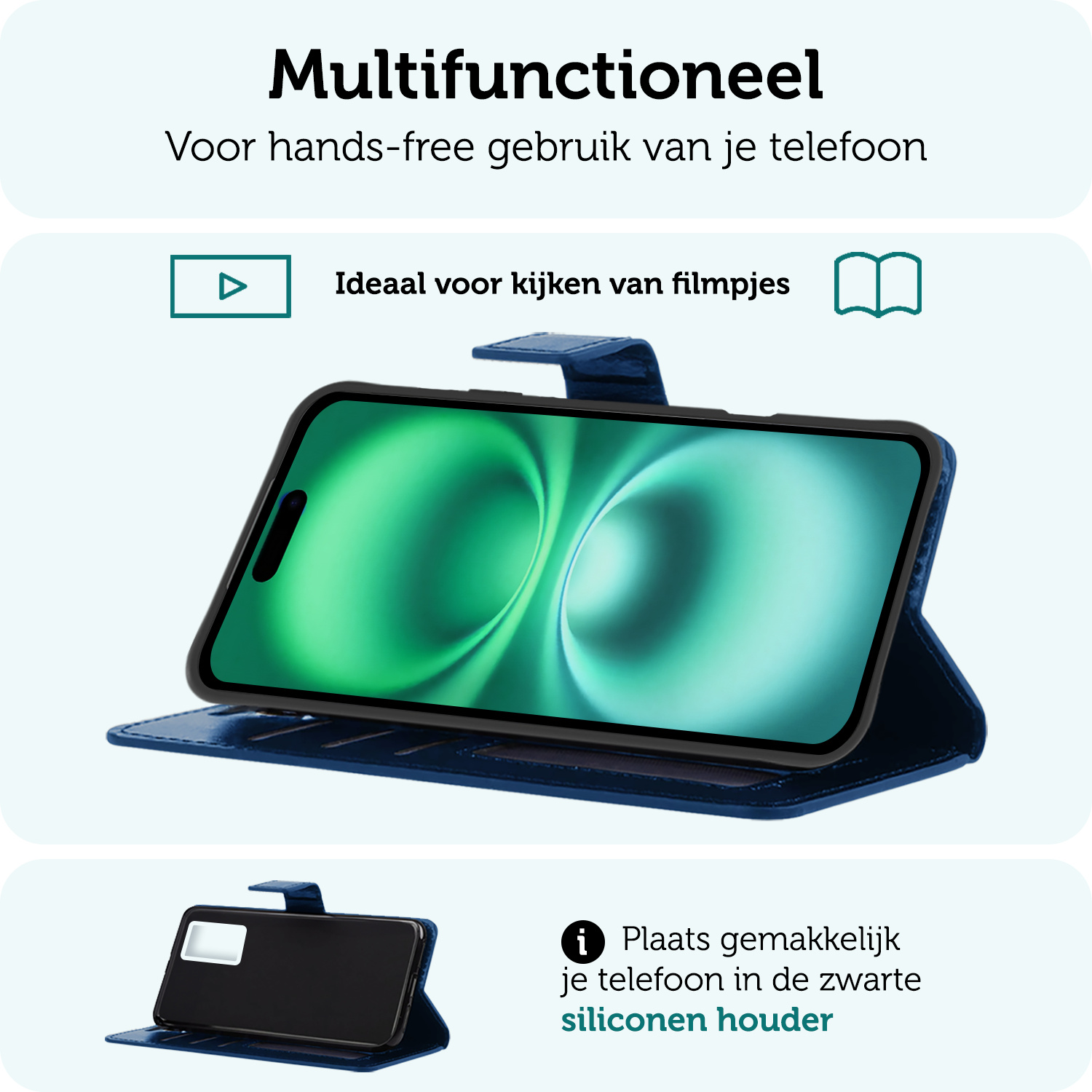 Forterra Hoesje Geschikt voor iPhone 16 Book Case Kunstleer Hoes Met Screenprotector - Hoes Geschikt voor iPhone 16 Hoesje Bookcase Met Pasjeshouder - Donkerblauw