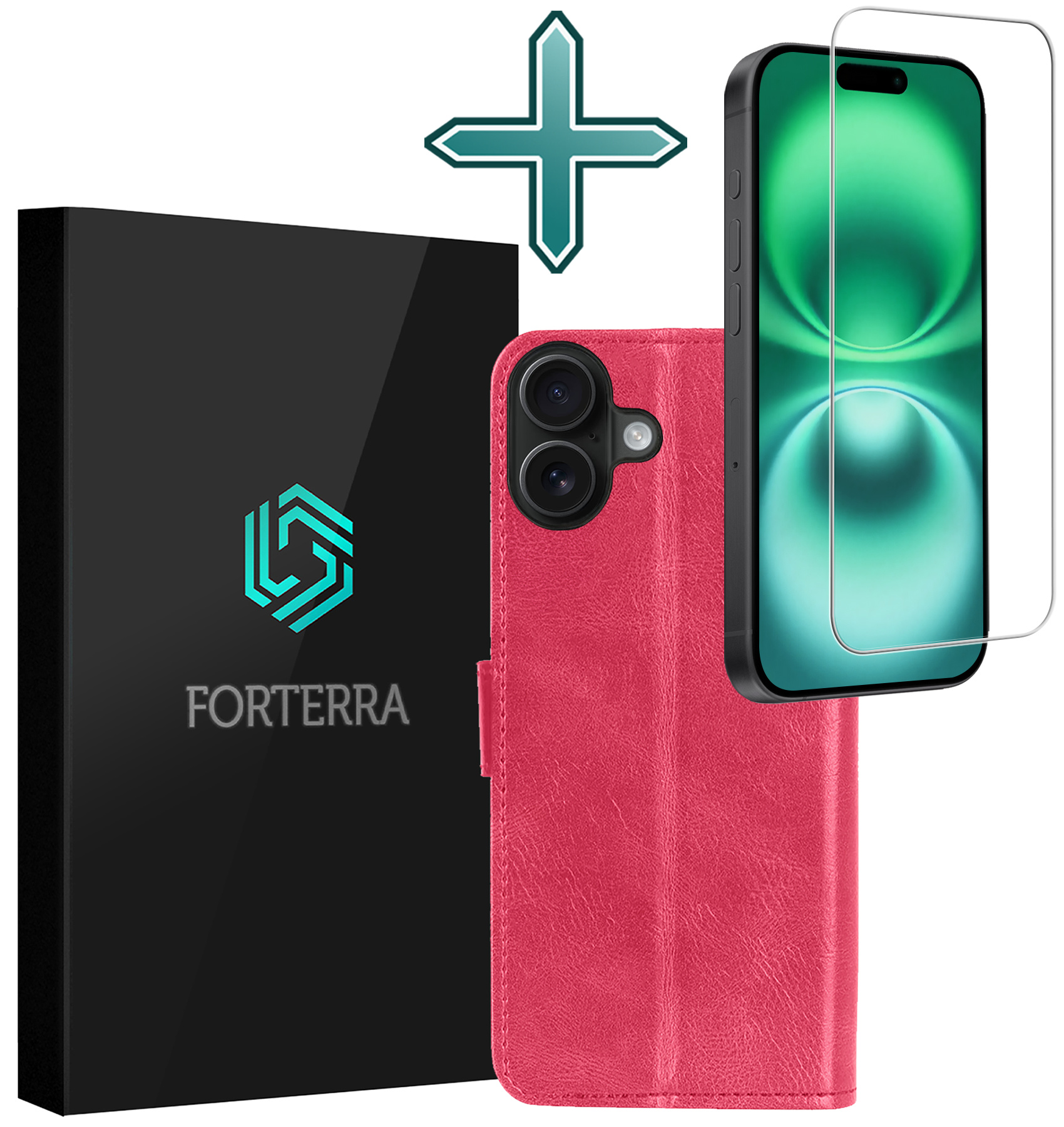 Forterra Hoesje Geschikt voor iPhone 16 Book Case Kunstleer Hoes Met Screenprotector - Hoes Geschikt voor iPhone 16 Hoesje Bookcase Met Pasjeshouder - Donkerroze