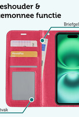 Forterra Hoesje Geschikt voor iPhone 16 Book Case Kunstleer Hoes Met Screenprotector - Hoes Geschikt voor iPhone 16 Hoesje Bookcase Met Pasjeshouder - Donkerroze