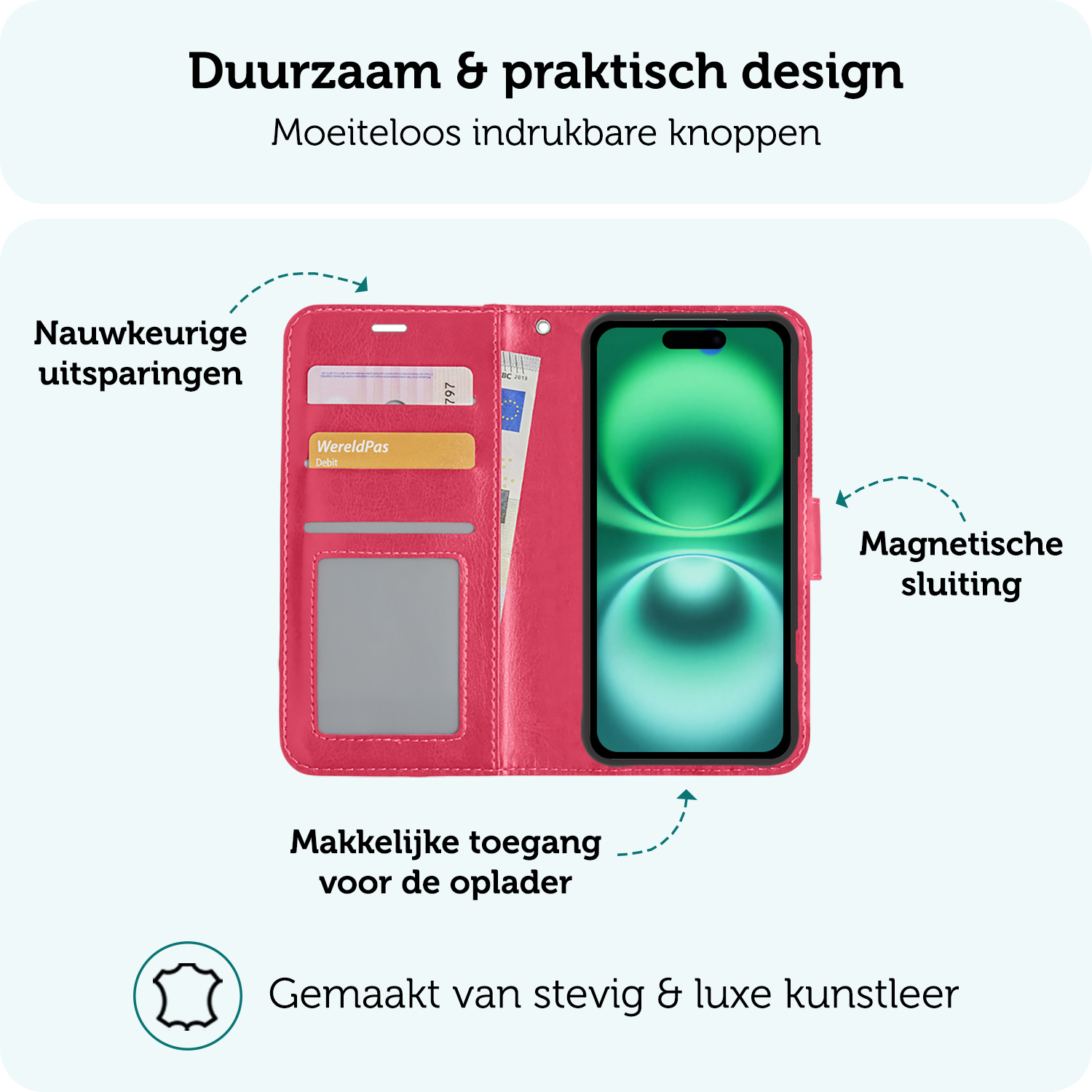 Forterra Hoesje Geschikt voor iPhone 16 Book Case Kunstleer Hoes Met Screenprotector - Hoes Geschikt voor iPhone 16 Hoesje Bookcase Met Pasjeshouder - Donkerroze