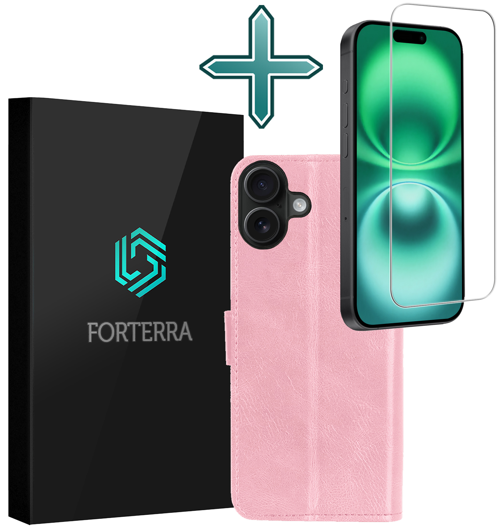 Forterra Hoesje Geschikt voor iPhone 16 Book Case Kunstleer Hoes Met Screenprotector - Hoes Geschikt voor iPhone 16 Hoesje Bookcase Met Pasjeshouder - Lichtroze