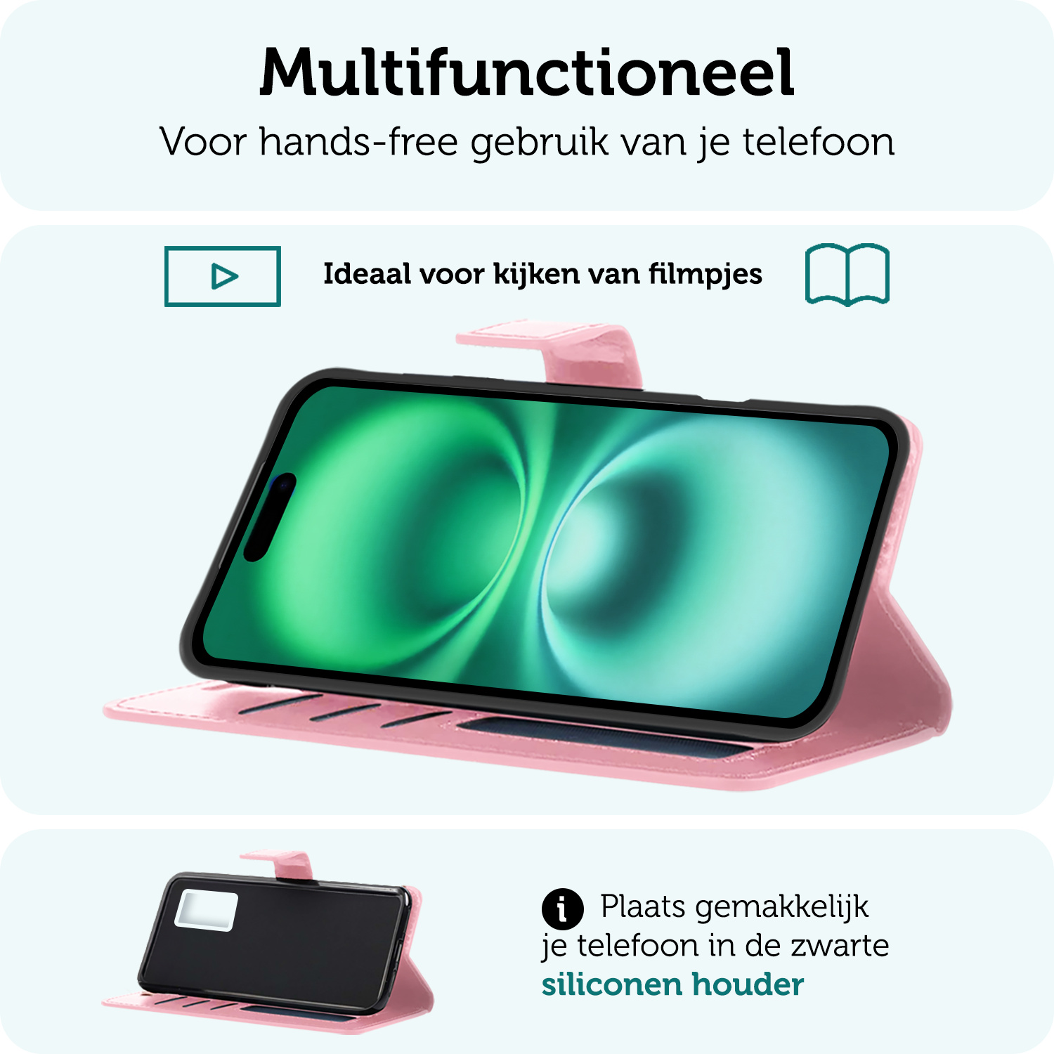 Forterra Hoesje Geschikt voor iPhone 16 Book Case Kunstleer Hoes Met Screenprotector - Hoes Geschikt voor iPhone 16 Hoesje Bookcase Met Pasjeshouder - Lichtroze