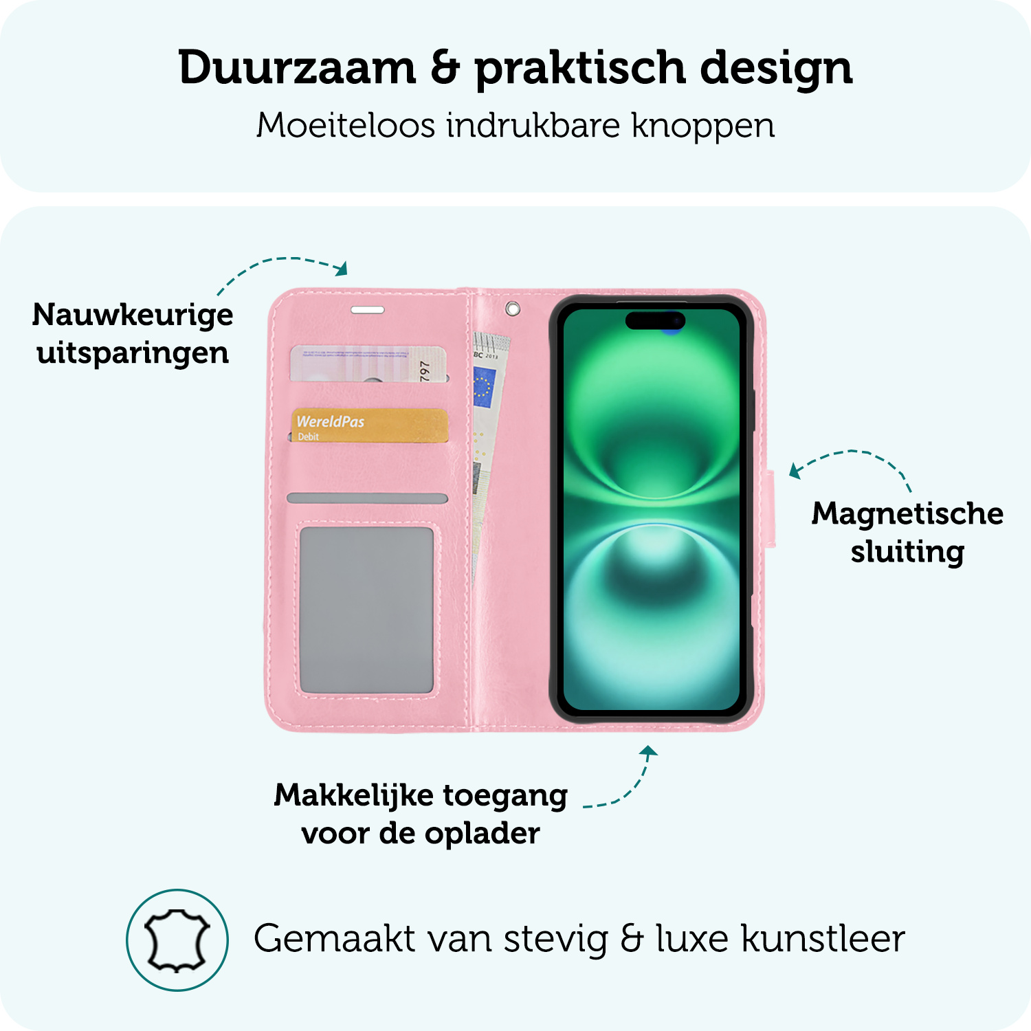 Forterra Hoesje Geschikt voor iPhone 16 Book Case Kunstleer Hoes Met Screenprotector - Hoes Geschikt voor iPhone 16 Hoesje Bookcase Met Pasjeshouder - Lichtroze