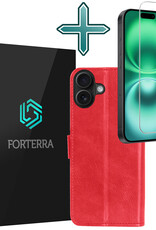 Forterra Hoesje Geschikt voor iPhone 16 Book Case Kunstleer Hoes Met Screenprotector - Hoes Geschikt voor iPhone 16 Hoesje Bookcase Met Pasjeshouder - Rood