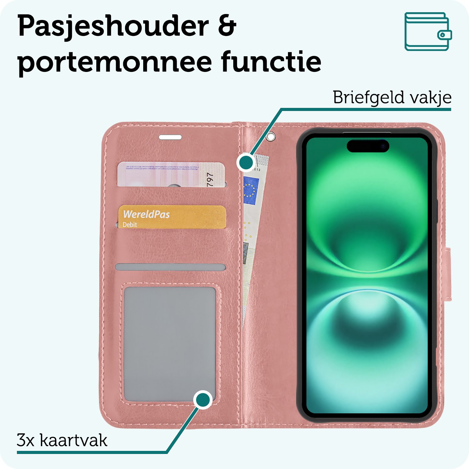 Forterra Hoesje Geschikt voor iPhone 16 Book Case Kunstleer Hoes Met Screenprotector - Hoes Geschikt voor iPhone 16 Hoesje Bookcase Met Pasjeshouder - Rosé goud