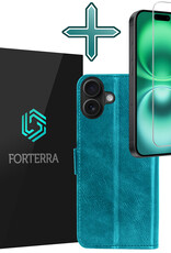 Forterra Hoesje Geschikt voor iPhone 16 Book Case Kunstleer Hoes Met Screenprotector - Hoes Geschikt voor iPhone 16 Hoesje Bookcase Met Pasjeshouder - Turquoise