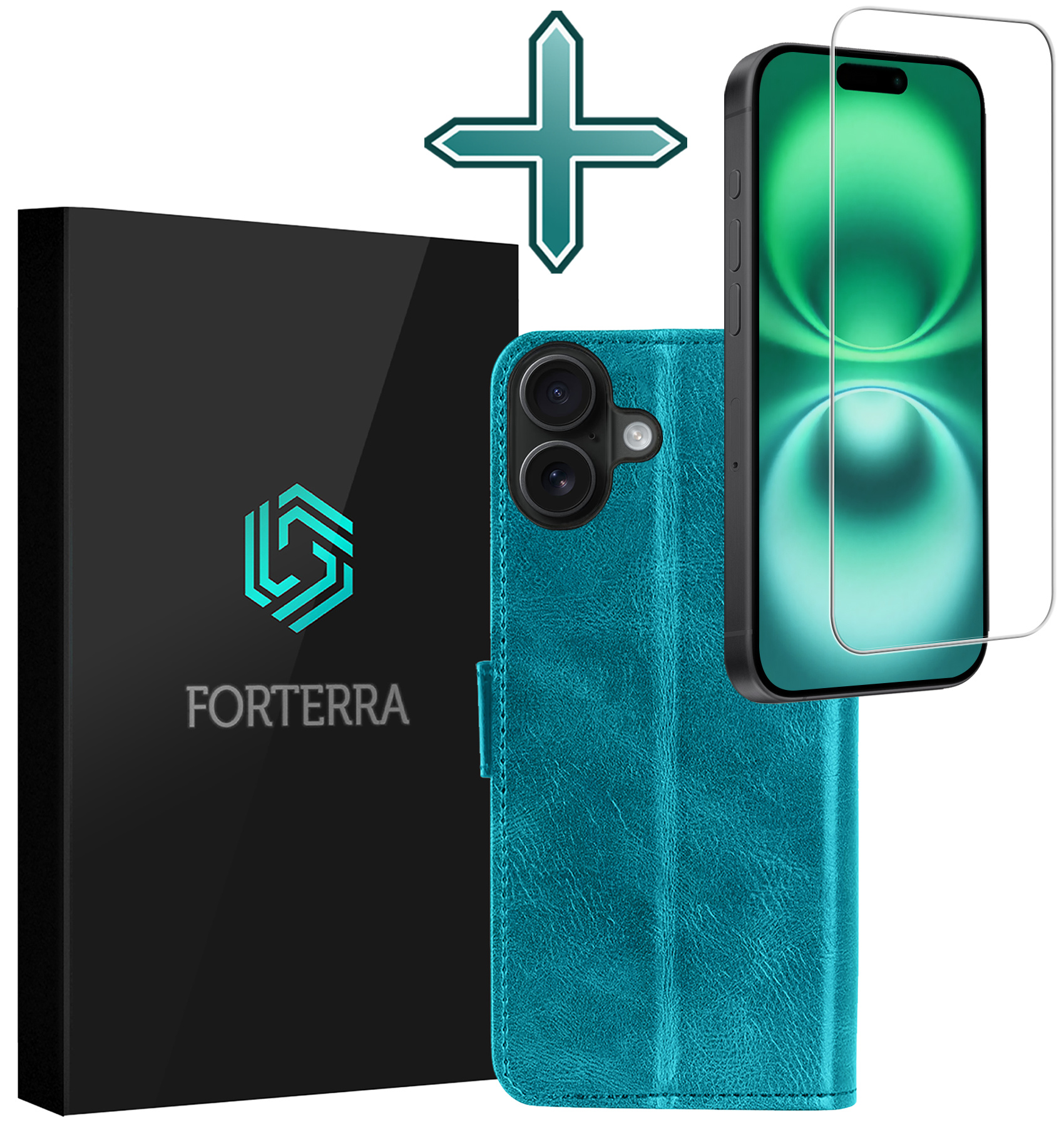 Forterra Hoesje Geschikt voor iPhone 16 Book Case Kunstleer Hoes Met Screenprotector - Hoes Geschikt voor iPhone 16 Hoesje Bookcase Met Pasjeshouder - Turquoise