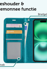 Forterra Hoesje Geschikt voor iPhone 16 Book Case Kunstleer Hoes Met Screenprotector - Hoes Geschikt voor iPhone 16 Hoesje Bookcase Met Pasjeshouder - Turquoise