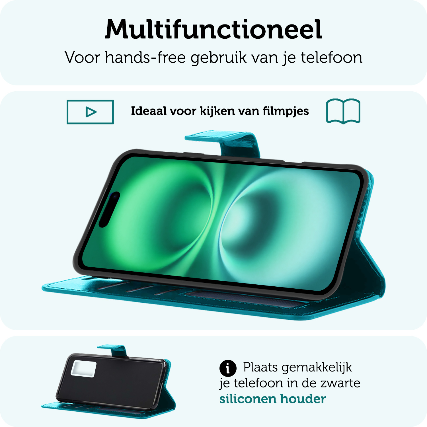 Forterra Hoesje Geschikt voor iPhone 16 Book Case Kunstleer Hoes Met Screenprotector - Hoes Geschikt voor iPhone 16 Hoesje Bookcase Met Pasjeshouder - Turquoise